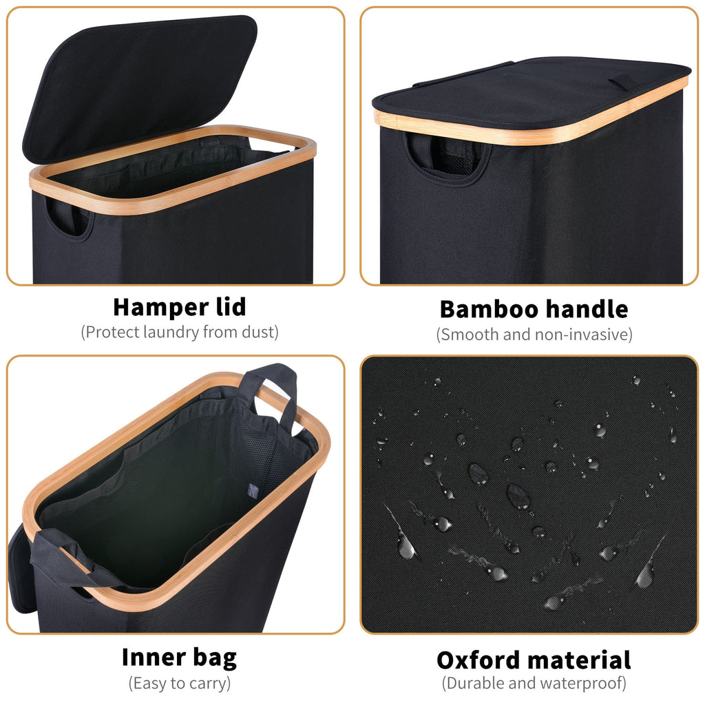 iEGrow 60L Slim Laundry Hamper with Lid Hampers for Laundry,Narrow Laundry Basket with Removable Inner Bag & Bamboo Handles Tall Thin Clothes Hamper for Clothes Toys Towels Organization（Black）