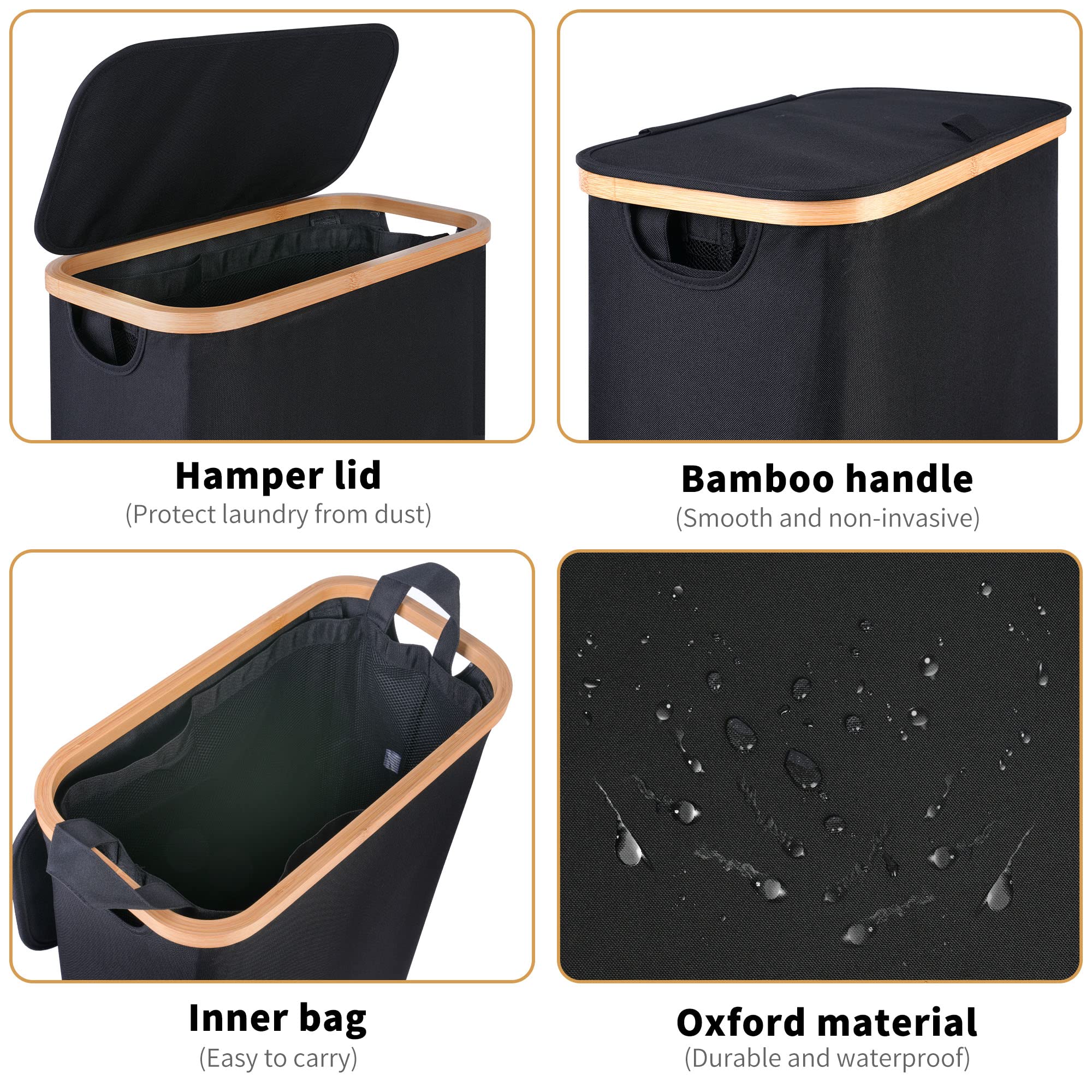iEGrow 60L Slim Laundry Hamper with Lid Hampers for Laundry,Narrow Laundry Basket with Removable Inner Bag & Bamboo Handles Tall Thin Clothes Hamper for Clothes Toys Towels Organization（Black）