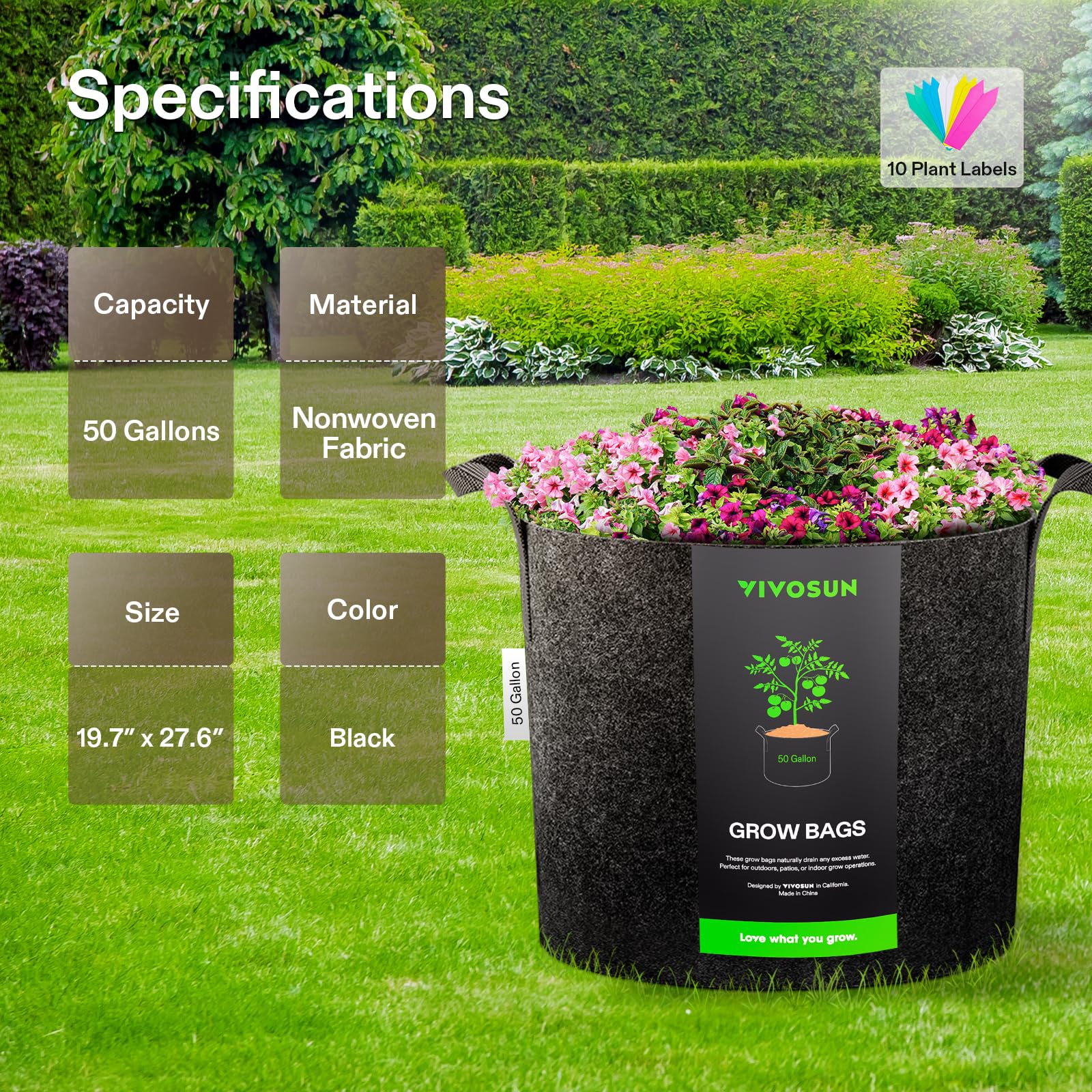 VIVOSUN 1 Pack 50 Gallon Grow Bag, Fabric Pot with Handles for Growing Vegtables and Plants