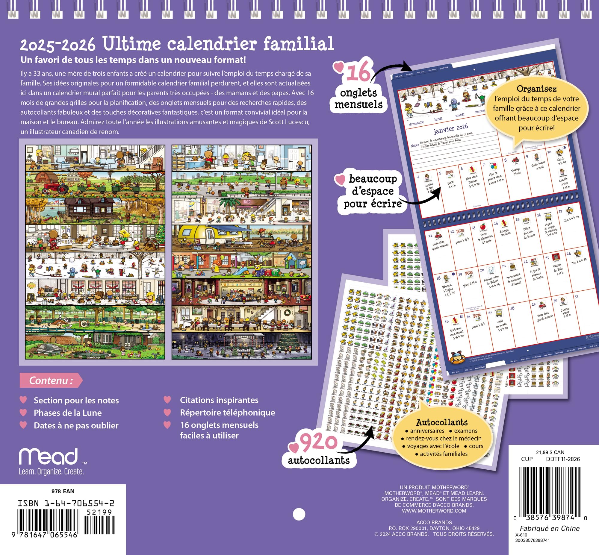 2026 MotherWord Ultimate Family Calendar, 16-Month Family Planner, Sept 2025-Dec 2026, French, Tabbed Wall Version, 12" x 21.5" (DDTF112826)