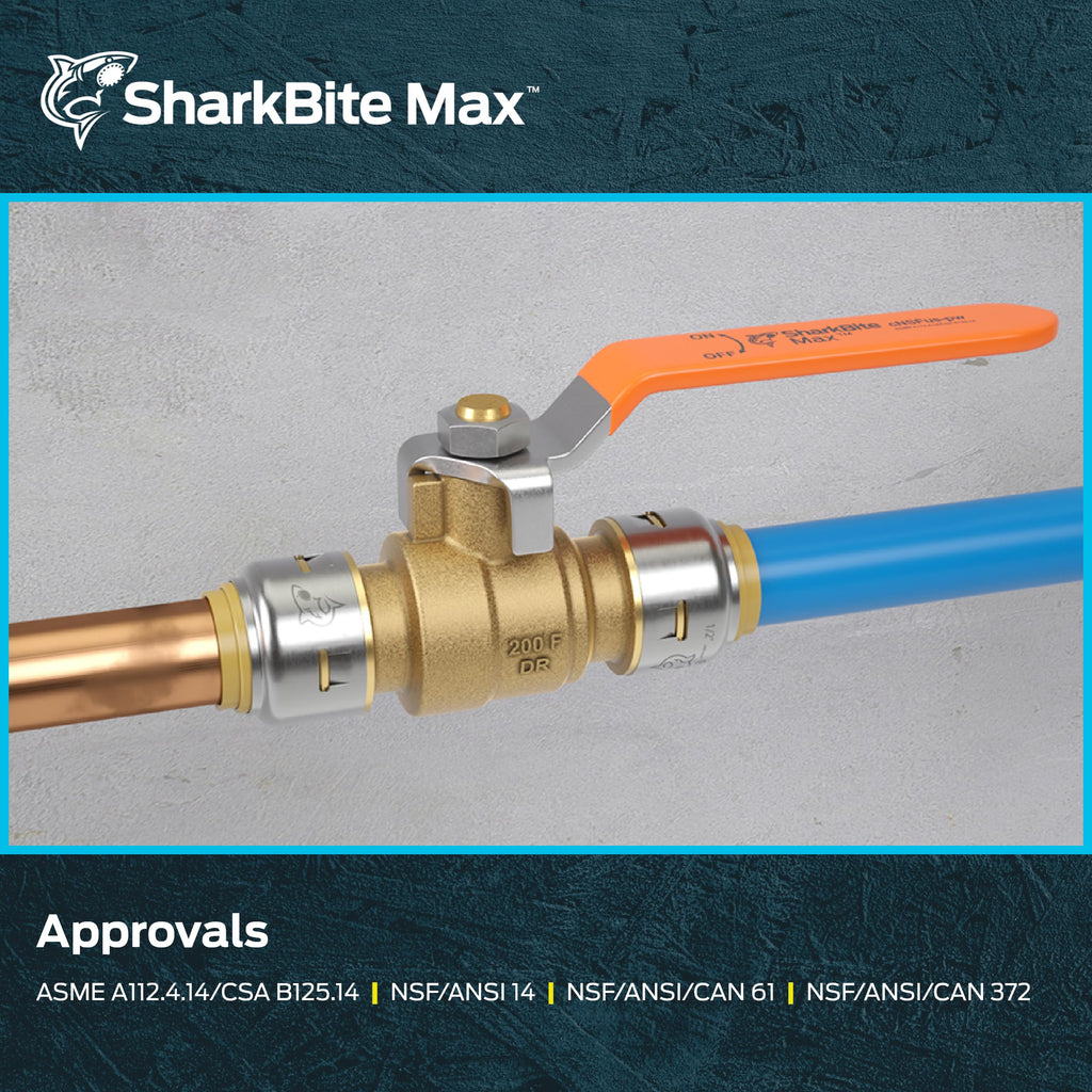 Sharkbite Max 1/2 x 1/2 in PTC Ball Valve, Push-to-Connect Brass Water Shut-Off Plumbing Fitting, UR22222