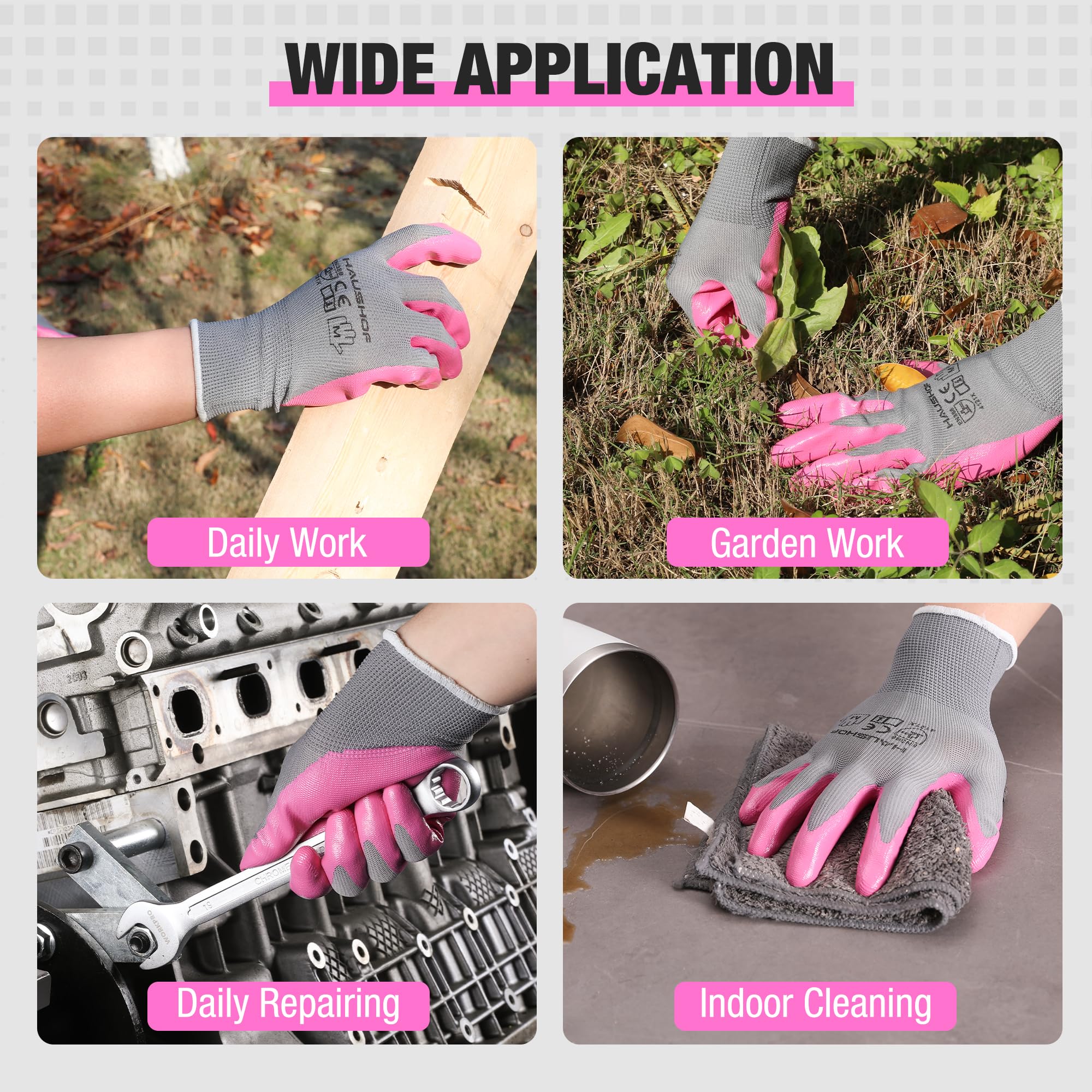 HAUSHOF 6 Pairs Garden Gloves for Women, Nitrile Coated Working Gloves, for Gardening, Restoration Work, Pink & Green, M
