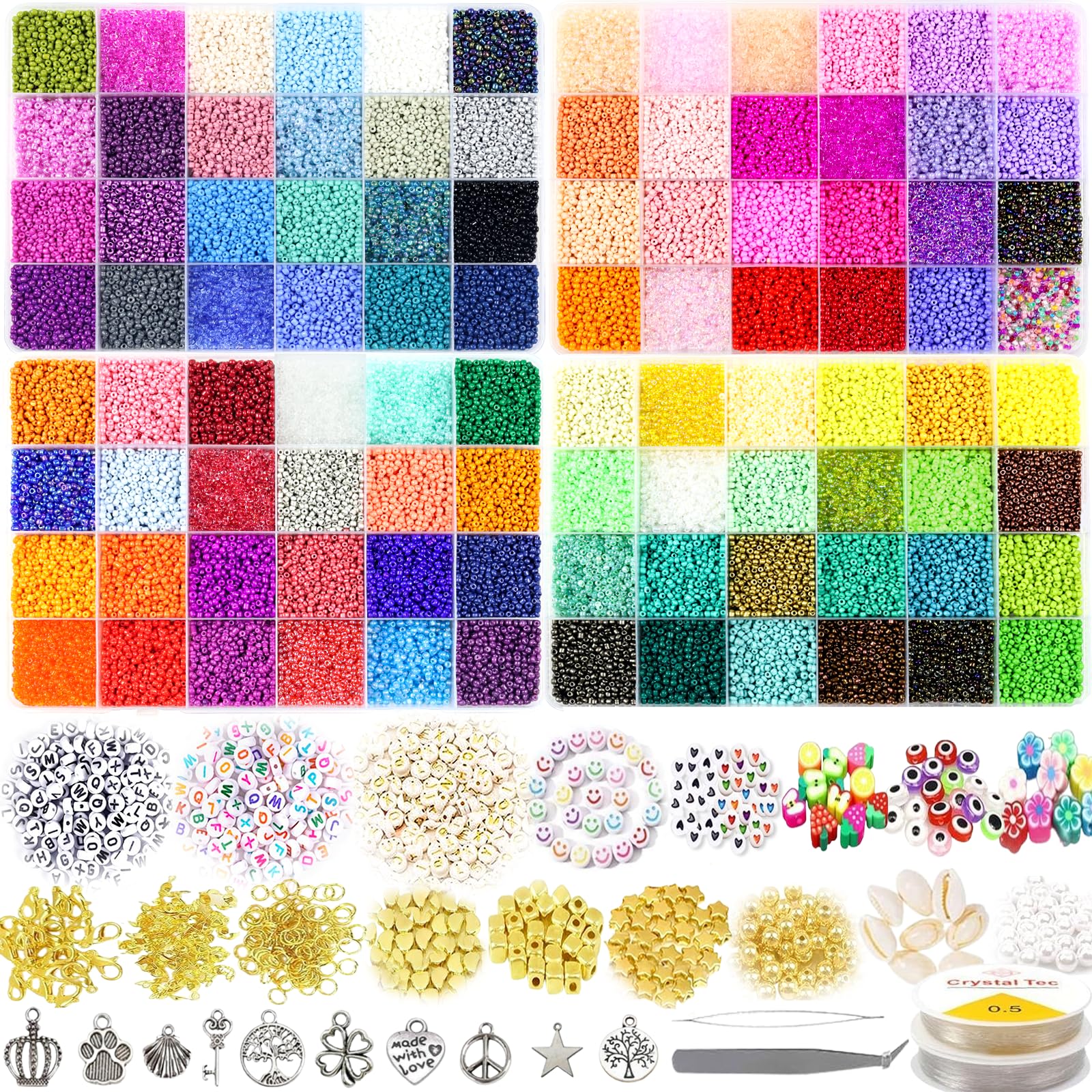 50600pcs 96 Colors 2mm Glass Seed Beads for Jewelry Making Kit, 300pcs Letter Beads, Small Seed Beads Kit for Bracelets Necklace Ring Making, DIY, Art, Craft Kit with Elastic String and Charms