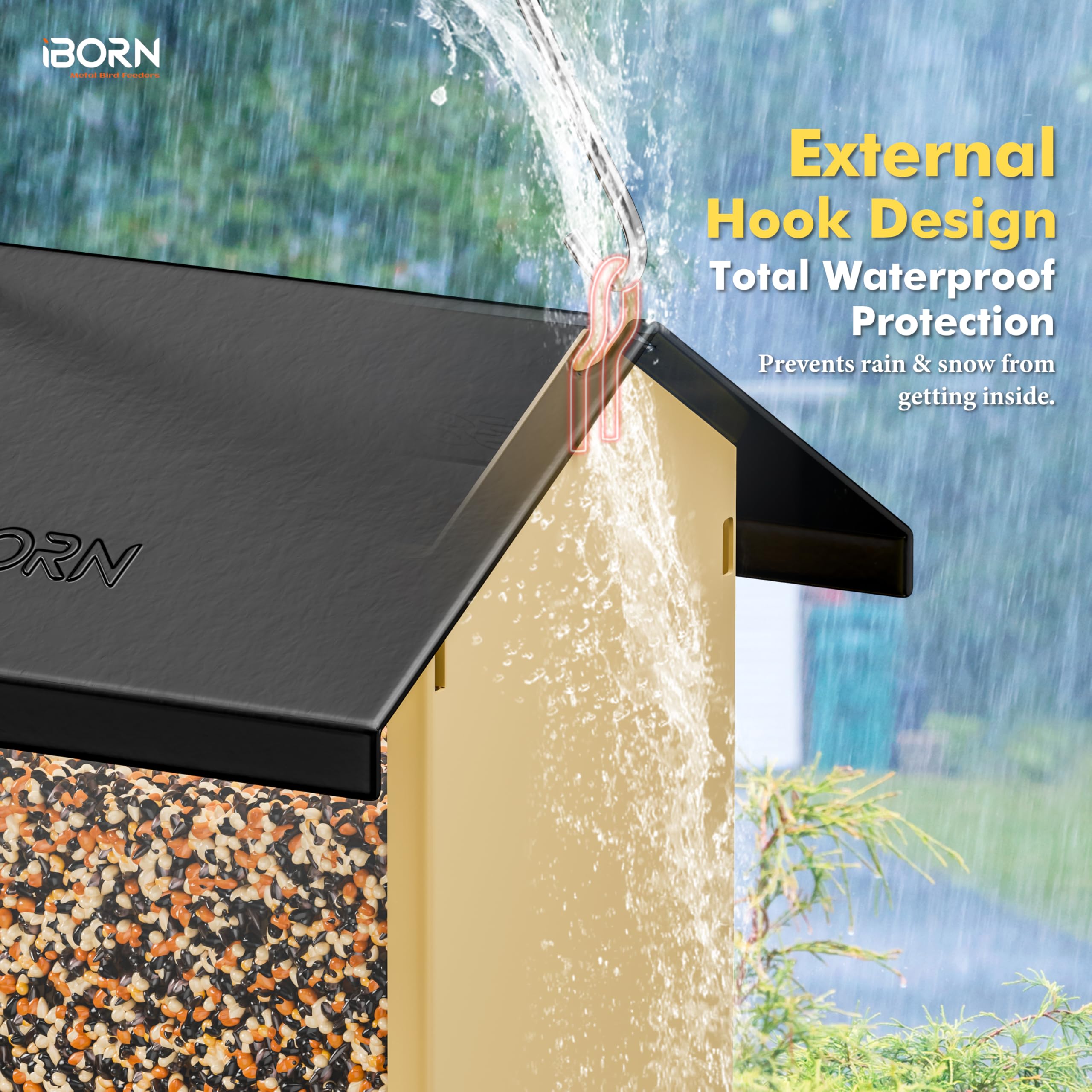 iBorn Bird Feeders for Outdoors,Bird Feeder with Weatherproof Metal Roof & 8 Drain Holes,Fully Detachable Birdfeeder Design,Easy Clean & Refill,Chew-Proof PC Windows,3.2 Lbs Capacity,Black Roof