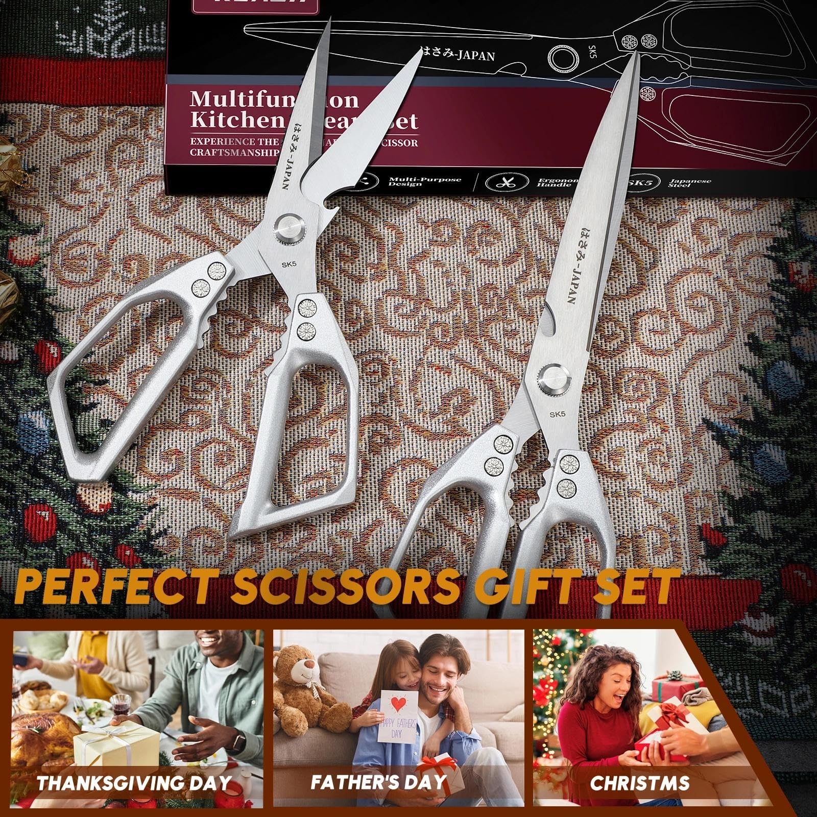 Dream Reach Kitchen Scissors Set Silver - Upgraded Stainless Steel Kitchen Shear, Sharp Meat Scissors Dishwasher Safe, Heavy Duty Poultry Shears, Japanese Cooking Scissor for Food, Chicken Bones