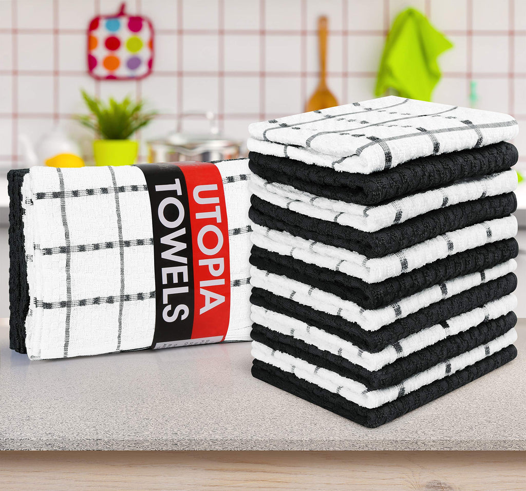 Utopia Towels Kitchen Towels, 12 Pack, 15 by 25 Inches, Dobby Weave, 100% Ring Spun Cotton, Super Soft and Absorbent Dish, Tea, and Bar Towels, Black