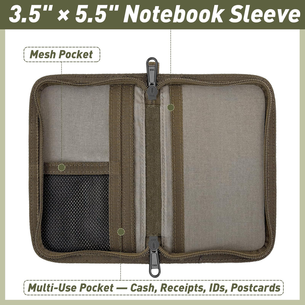 WIKSRY Journal Cover for Field Notes & Moleskine Cahier with YKK Zipper, 3.5"x5.5" Waxed Canvas Notebook Cover with Pen Holder, Water Resistant Travel Planner Cover for Daily Use (Olive)