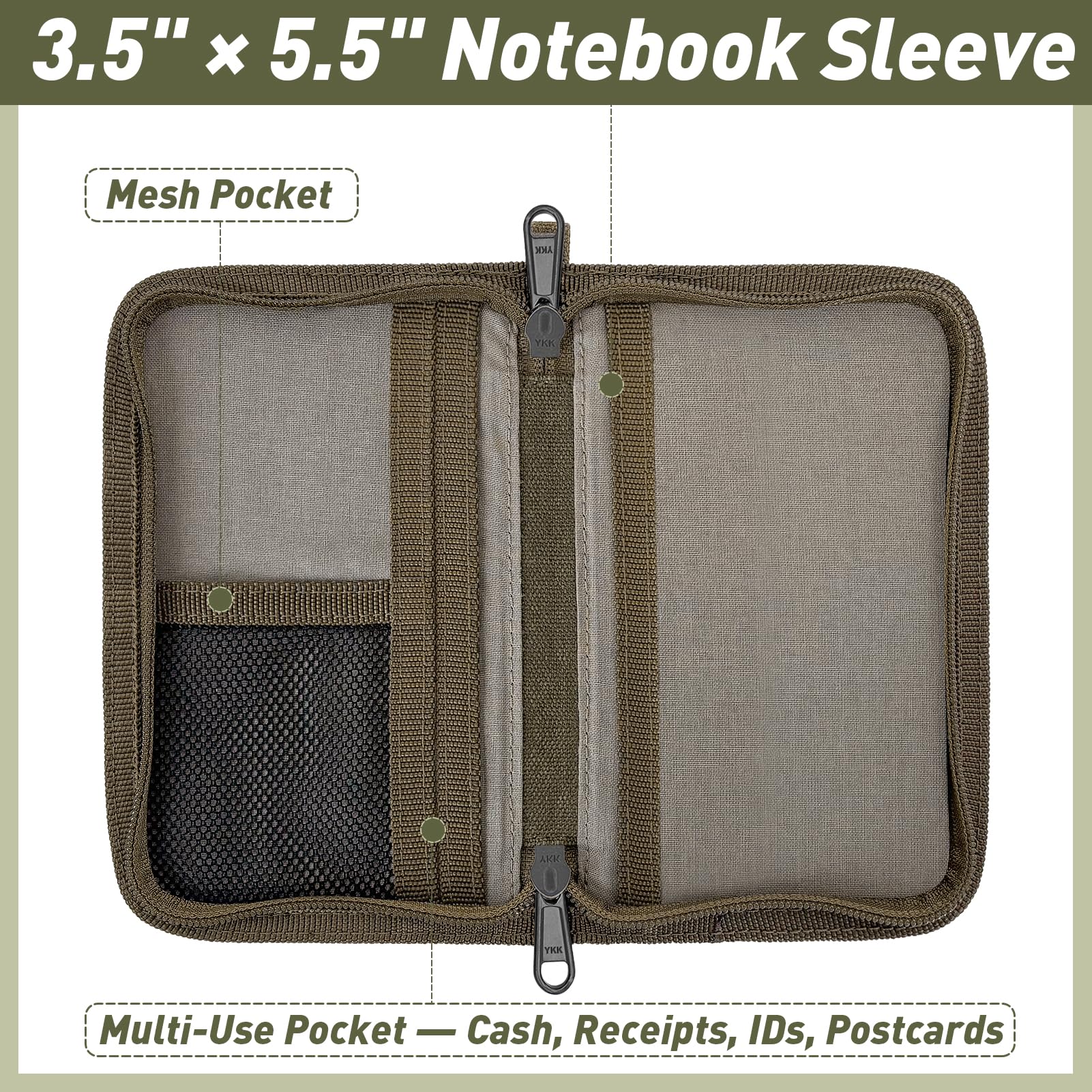 WIKSRY Journal Cover for Field Notes & Moleskine Cahier with YKK Zipper, 3.5"x5.5" Waxed Canvas Notebook Cover with Pen Holder, Water Resistant Travel Planner Cover for Daily Use (Olive)