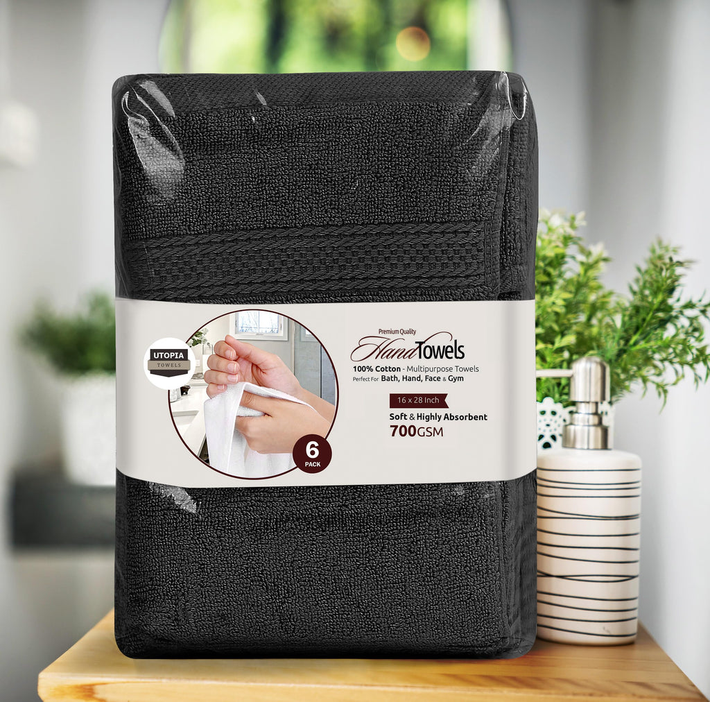 Utopia Towels Premium Black Hand Towels - 100% Combed Ring Spun Cotton, Ultra Soft and Highly Absorbent, 600 GSM Extra Large Hand Towels 16 x 28 inches, Hotel & Spa Quality Hand Towels (6-Pack)