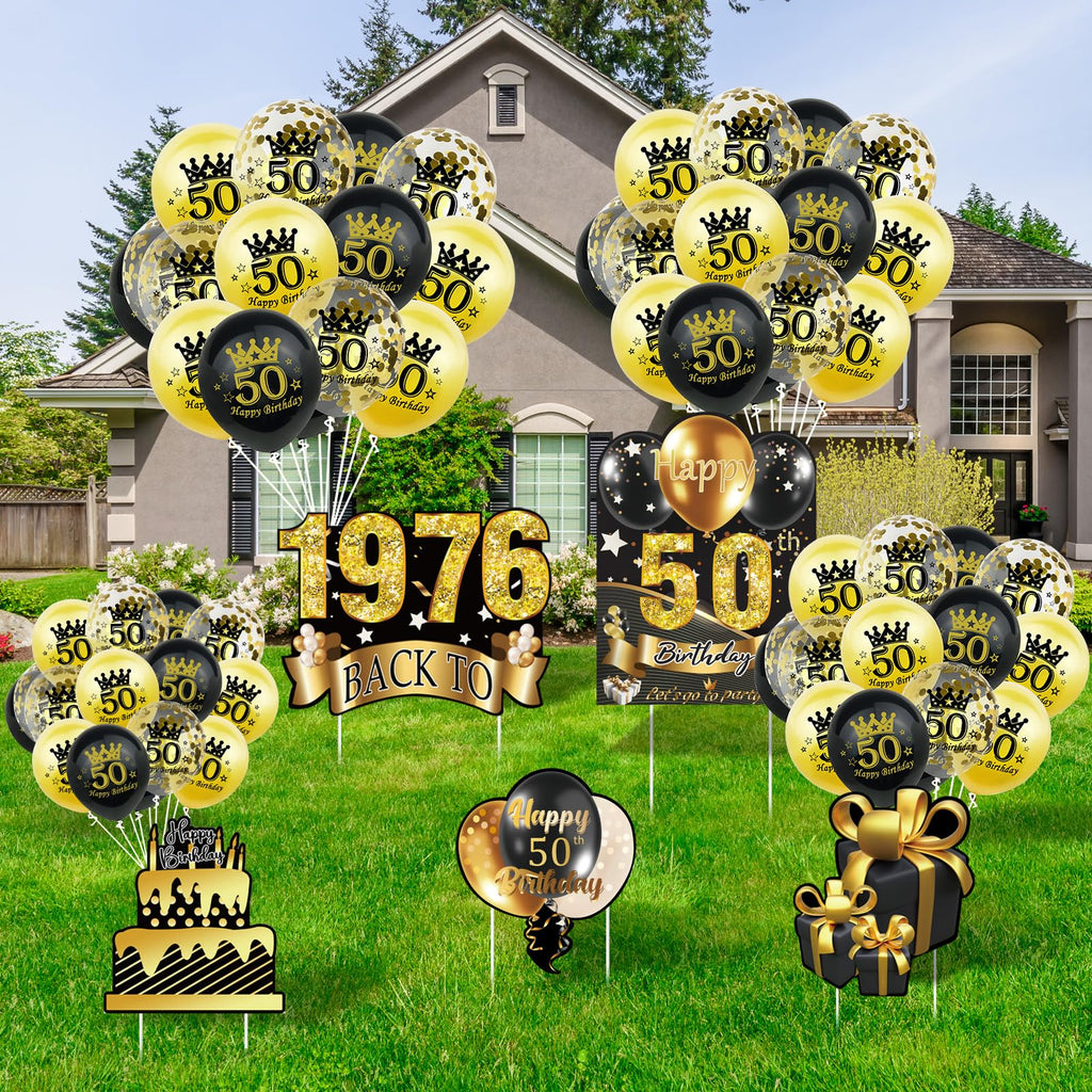 5Pcs 50th Birthday Yard Sign 16" Large Happy Birthday 50th Decorations for Men Women Birthday Party Lawn Signs Decorations with Stakes & 15pc Black Gold 50th Birthday Balloons for 50th Birthday Party