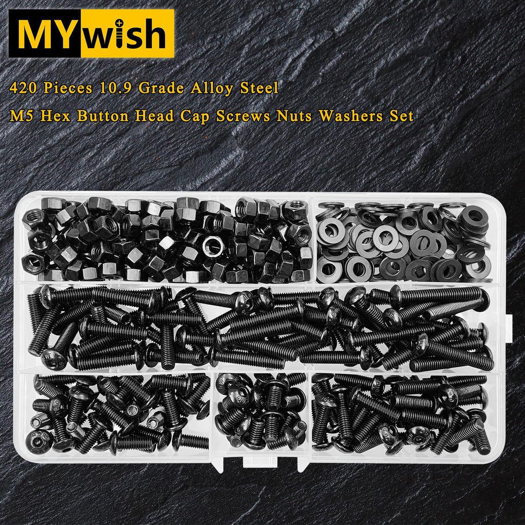 420Pcs M5 Nuts and Bolts, M5 Screws x8mm/12mm/16mm/20mm/25mm/30mm, Metric Screw Assortment 10.9 Grade Alloy Steel, Hex Button Head Cap Metric Screws, Flat Washers/Nuts/Hex Wrenches Black by Mywish