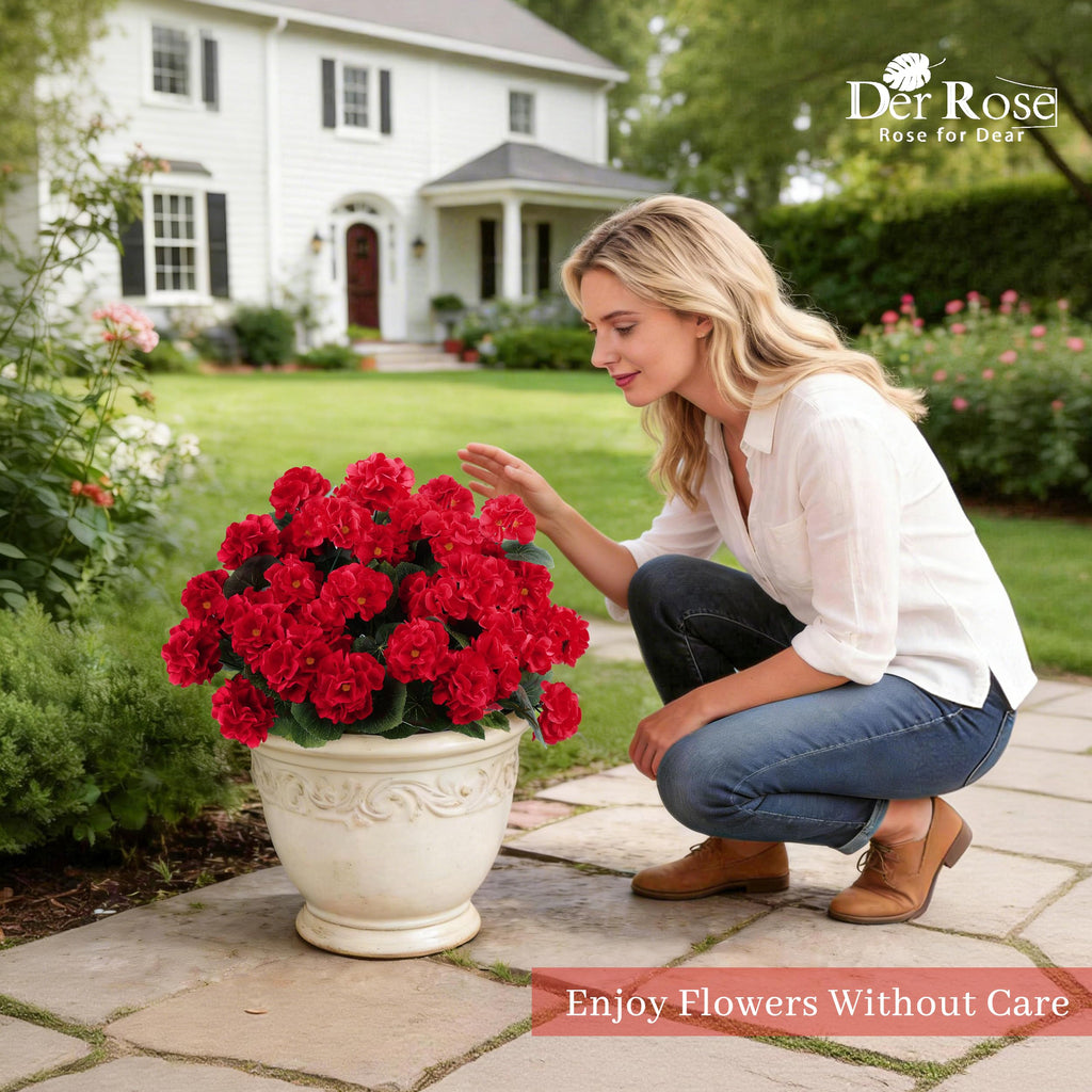 Der Rose 6 Pack Red Artificial Flowers Geraniums for Outdoors Fake Outdoor Flowers UV Resistant for Window Box Porch Patio Garden Decor