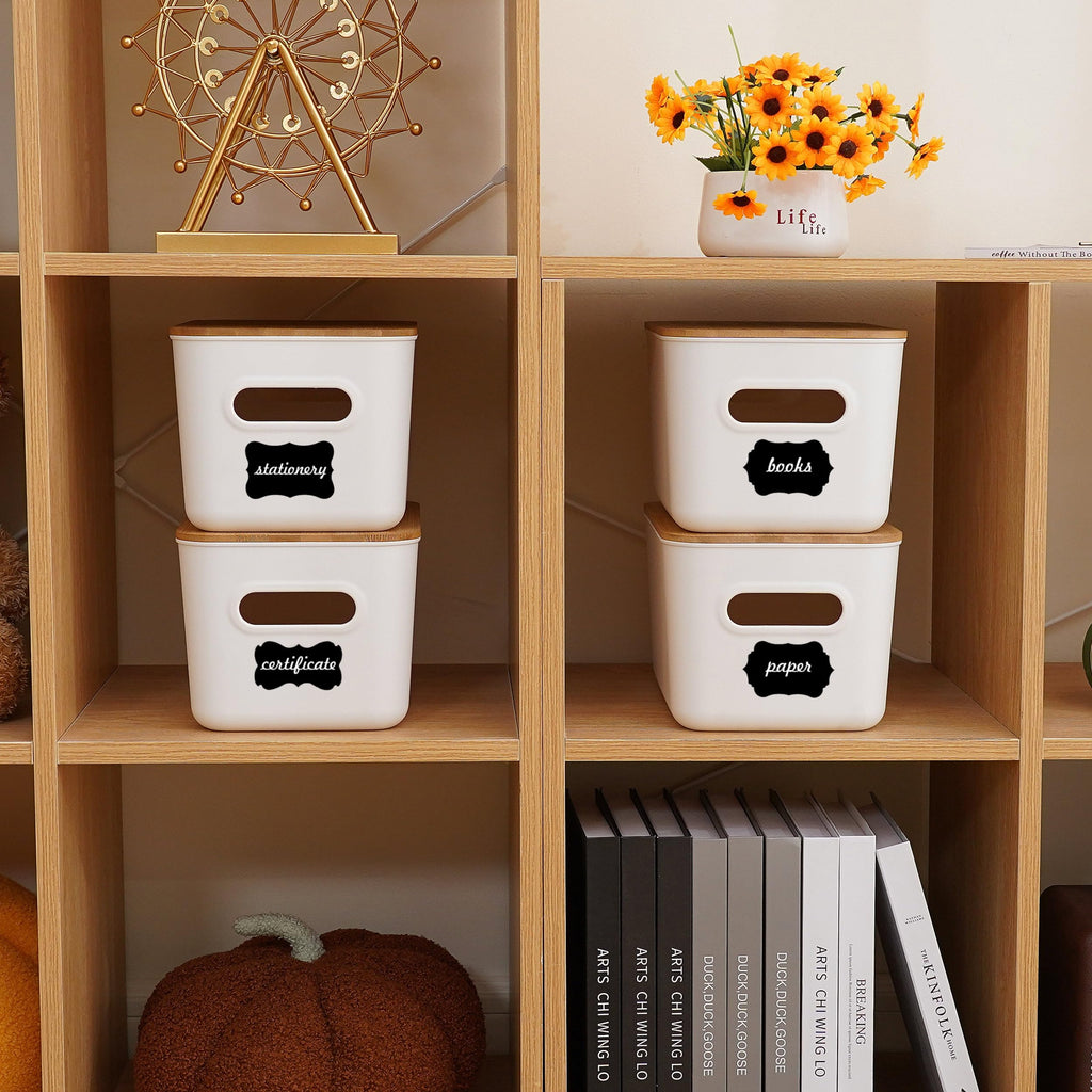 Citylife Closet Organizers and Storage - 4PCS Plastic Storage Bins with Bamboo lids, Stackable Storage Containers for Organizing, Bundled with Labels and Marker 10.24 x 7.01 x 6.1 inch