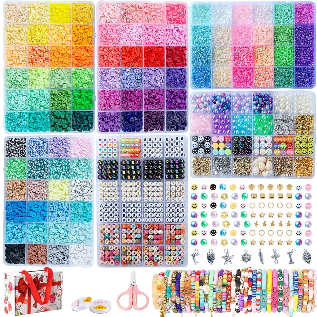 SJZWSD 6-Box Friendship Bracelet Making Kit - 16,000pcs Clay Beads, Seed Beads & Glass Beads Collection, Letter Beads, Charms