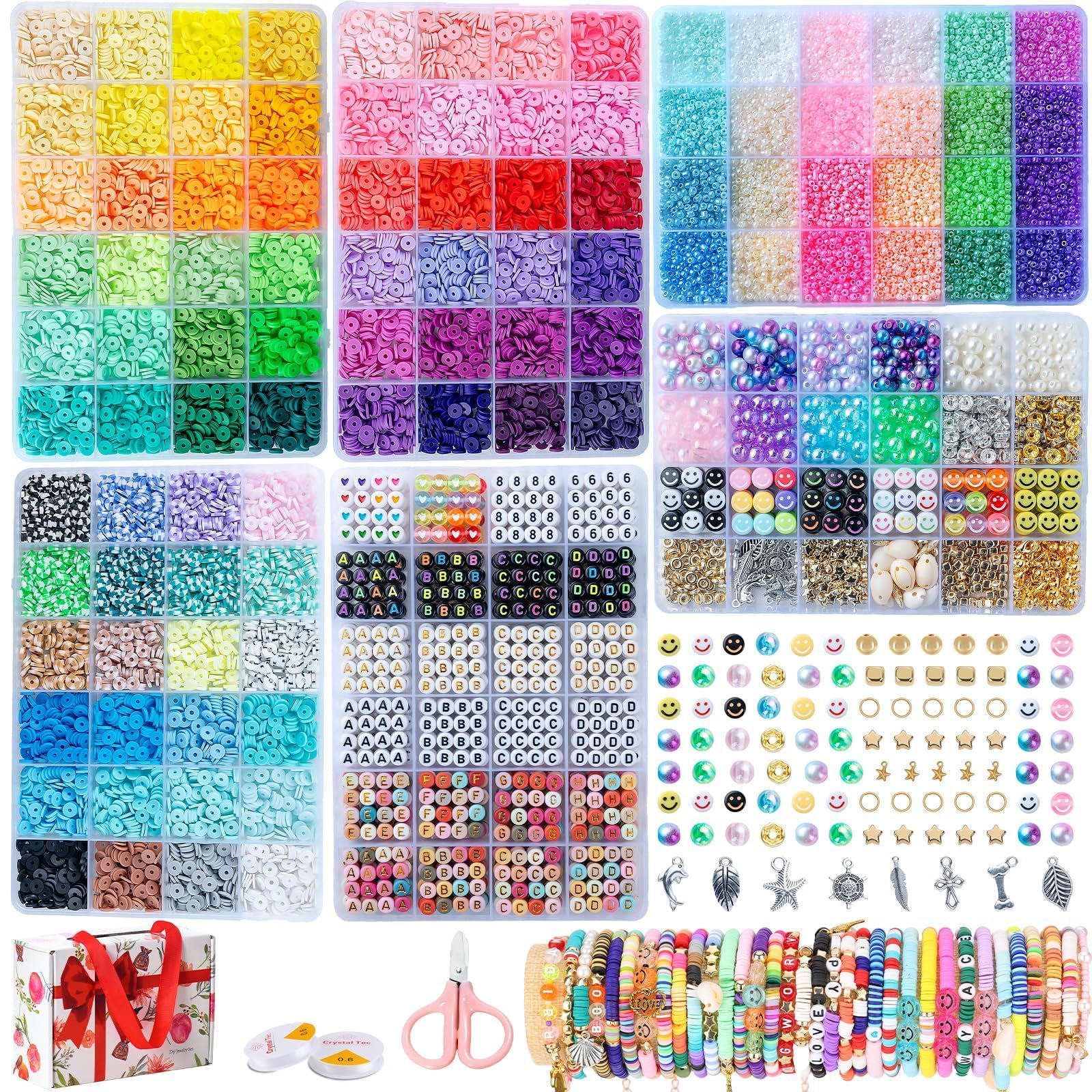 SJZWSD 6-Box Friendship Bracelet Making Kit - 16,000pcs Clay Beads, Seed Beads & Glass Beads Collection, Letter Beads, Charms