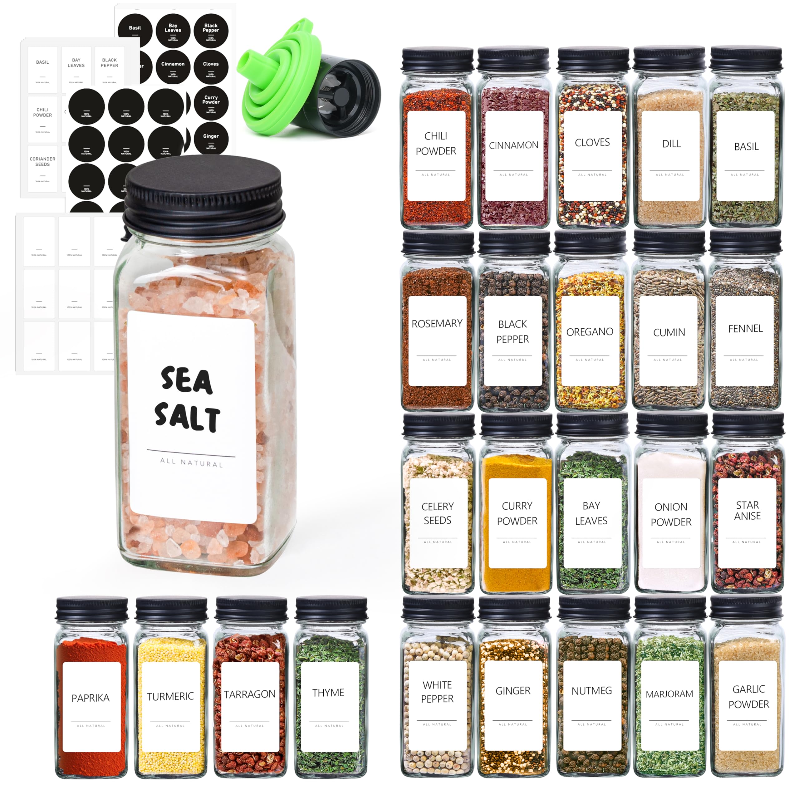 ComSaf 24Pcs 4oz Glass Spice Jars with Shaker Lids, 93 Labels, a Handy Funnel, a Pepper Grinder, Empty Spice Containers and Square Spice Bottles for Kitchen and Seasoning