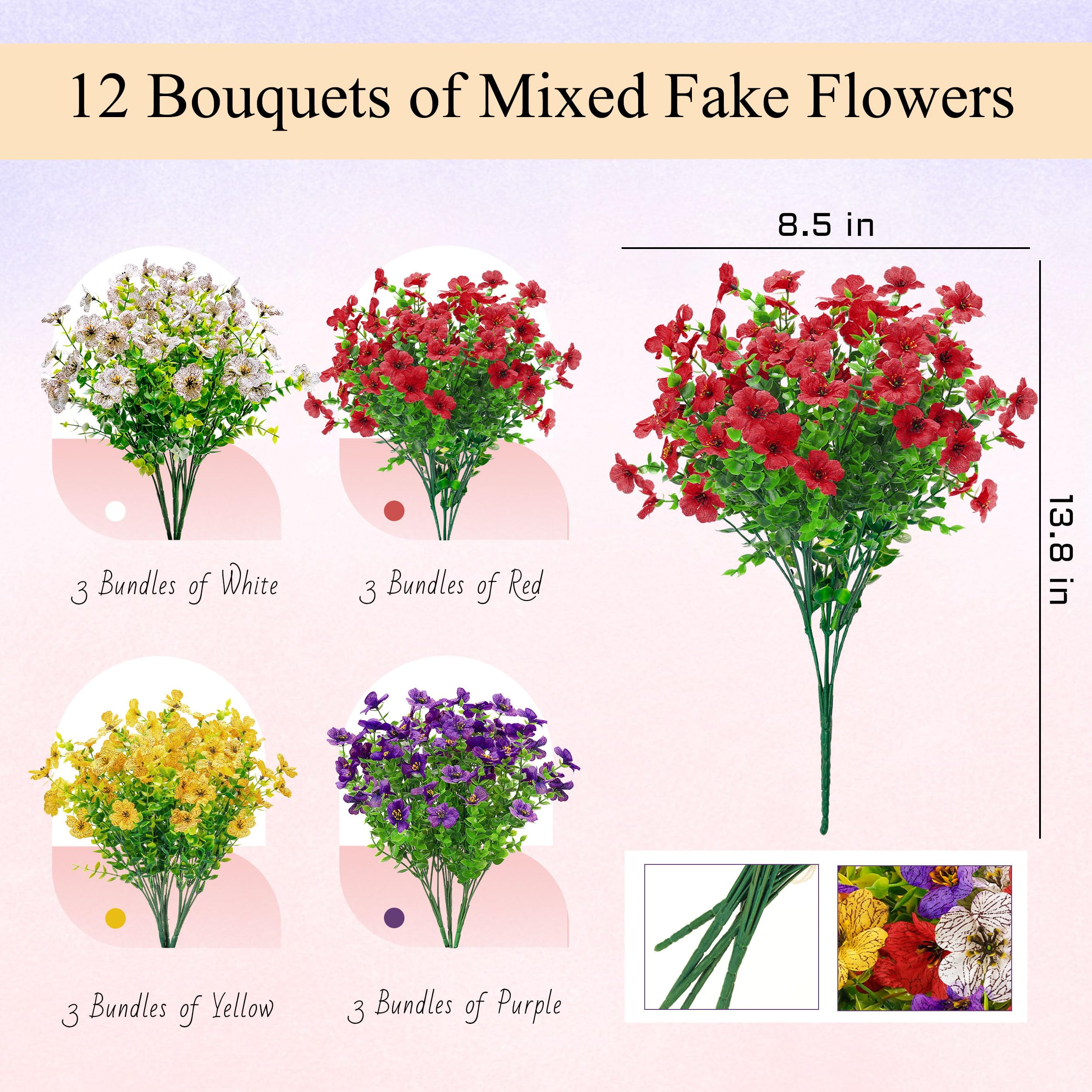 Der Rose 12 Bundles Fake Flowers, Artificial Flowers for Outdoors UV Resistant Colorful Silk Floral Stems for Garden Porch Patio Balcony Decor