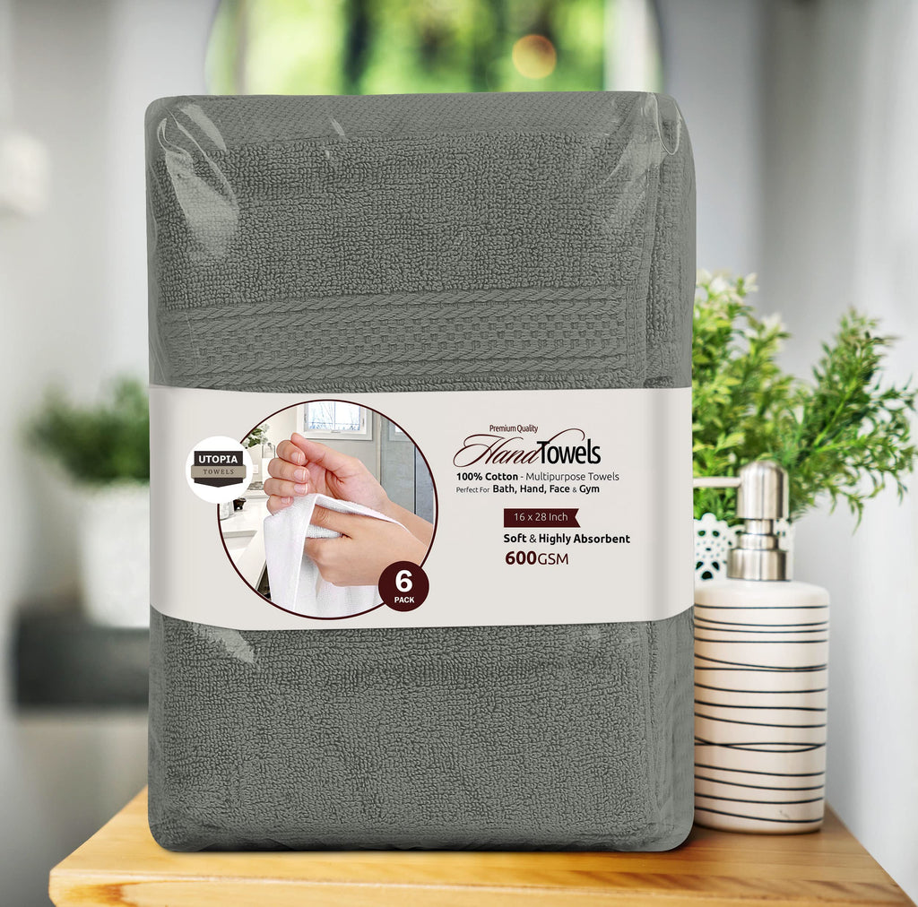 Utopia Towels 6 Pack Premium Hand Towels, 16 by 28 inches, 100% Ring Spun Cotton, Soft and Absorbent 600 GSM Towels for Bathroom, Gym, and Hotel, Grey