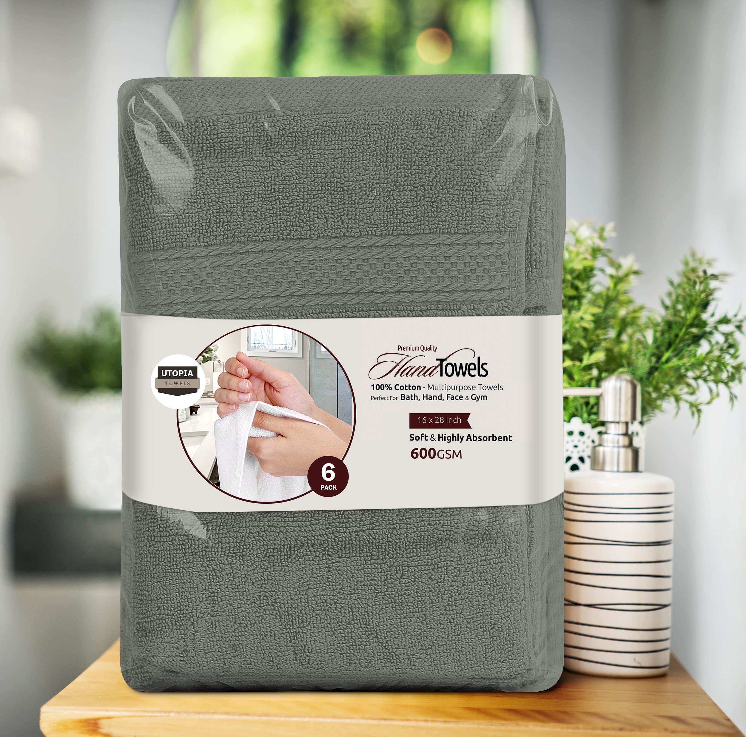 Utopia Towels 6 Pack Premium Hand Towels, 16 by 28 inches, 100% Ring Spun Cotton, Soft and Absorbent 600 GSM Towels for Bathroom, Gym, and Hotel, Grey