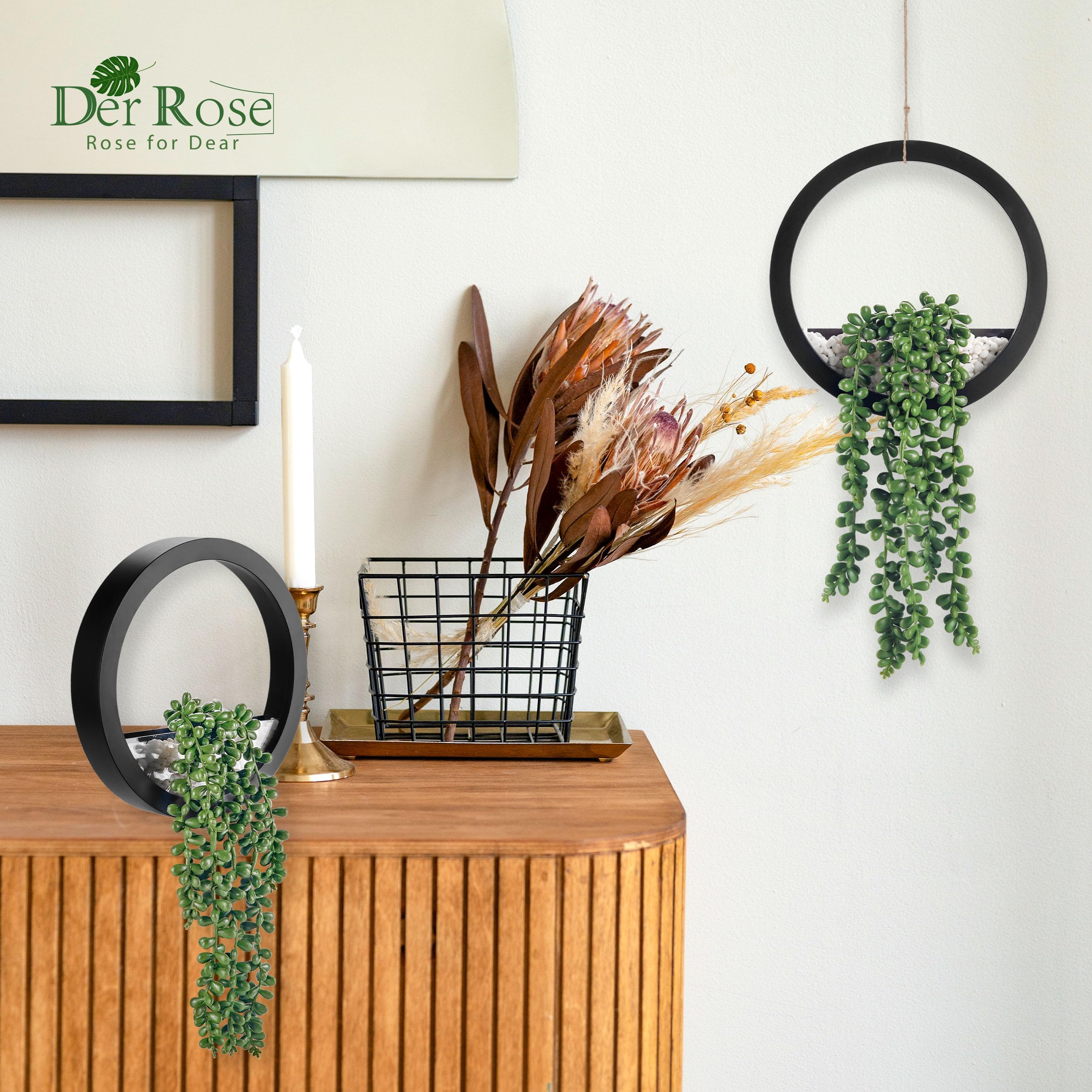 Der Rose 2Pcs Fake Hanging Plants Artificial Succulents Faux Hanging Plants in Black Pots for Bathroom Home Boho Kitchen Office Wall Decor Living Room Indoor