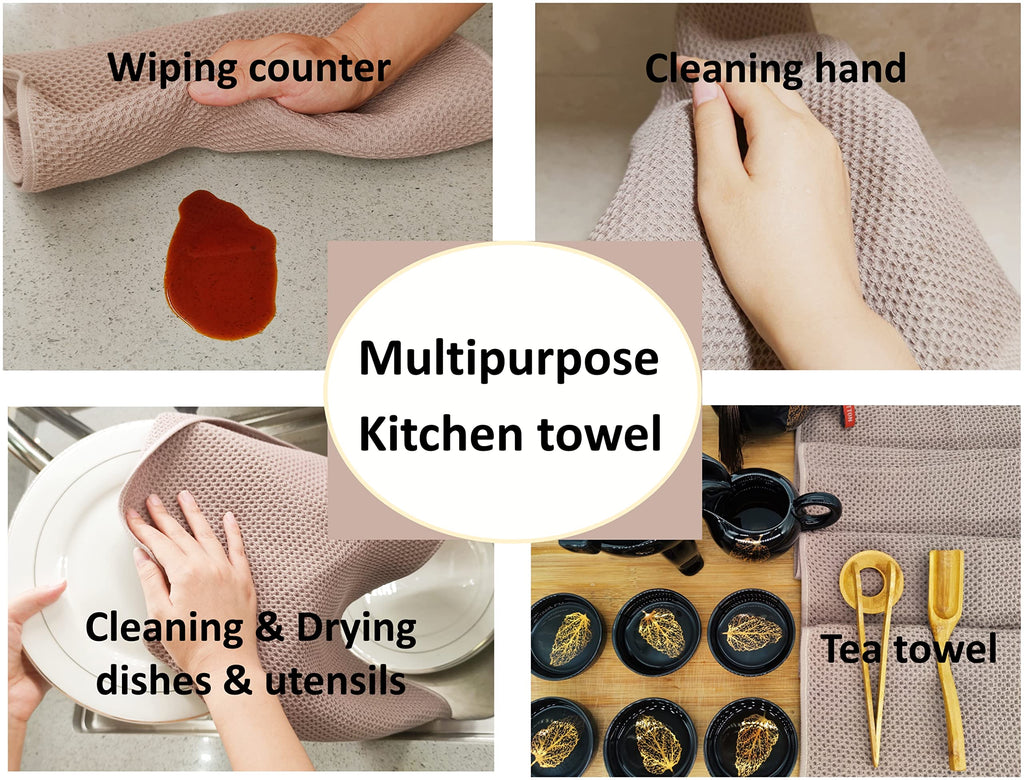 ANEWAY Kitchen Towels 100% Cotton Waffle Weave Dish Towel for Cleaning Drying Dishes Extra Absorbent and Soft, Dish Cloth,13 x 28 in, 4 Pack(Brown)