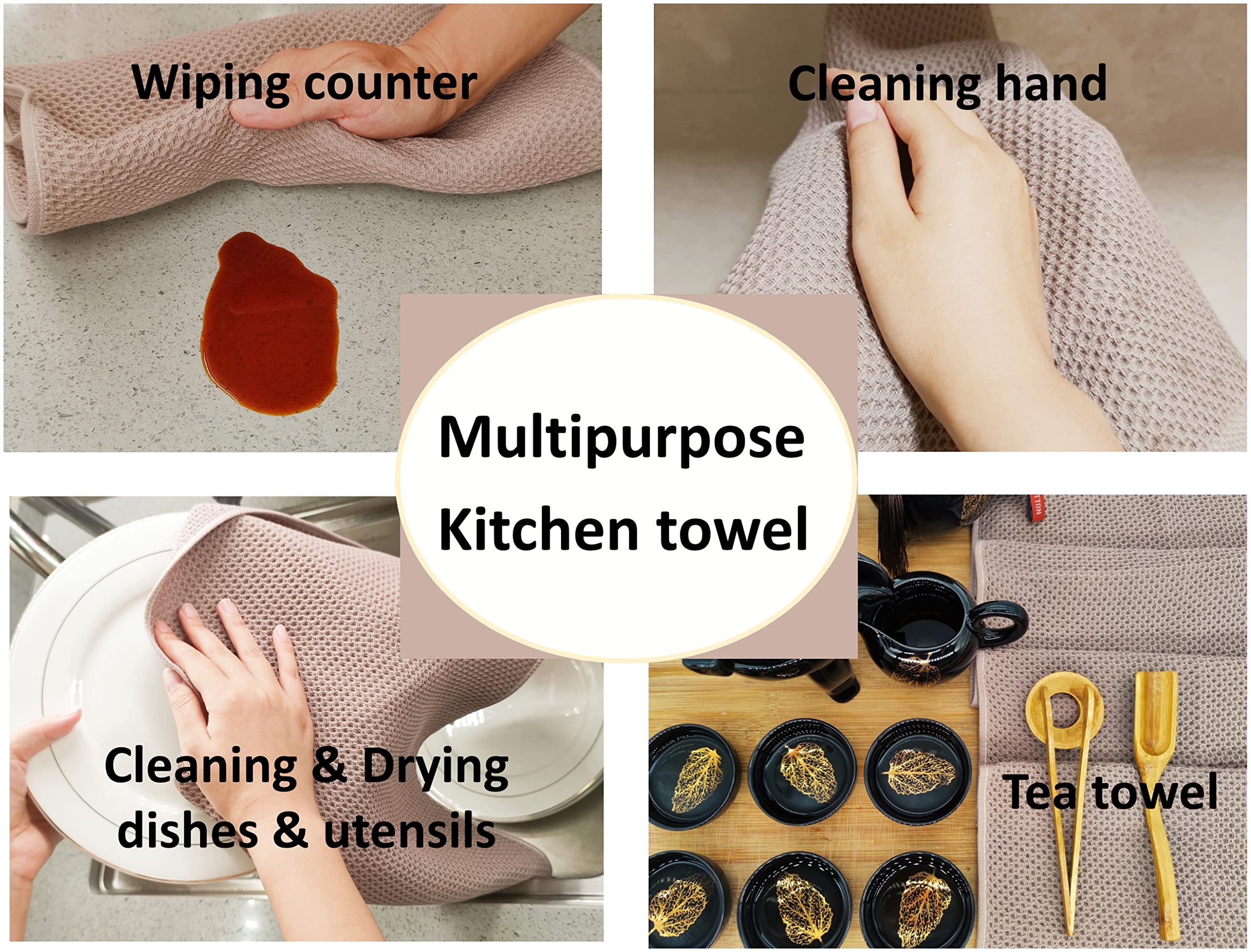 ANEWAY Kitchen Towels 100% Cotton Waffle Weave Dish Towel for Cleaning Drying Dishes Extra Absorbent and Soft, Dish Cloth,13 x 28 in, 4 Pack(Brown)