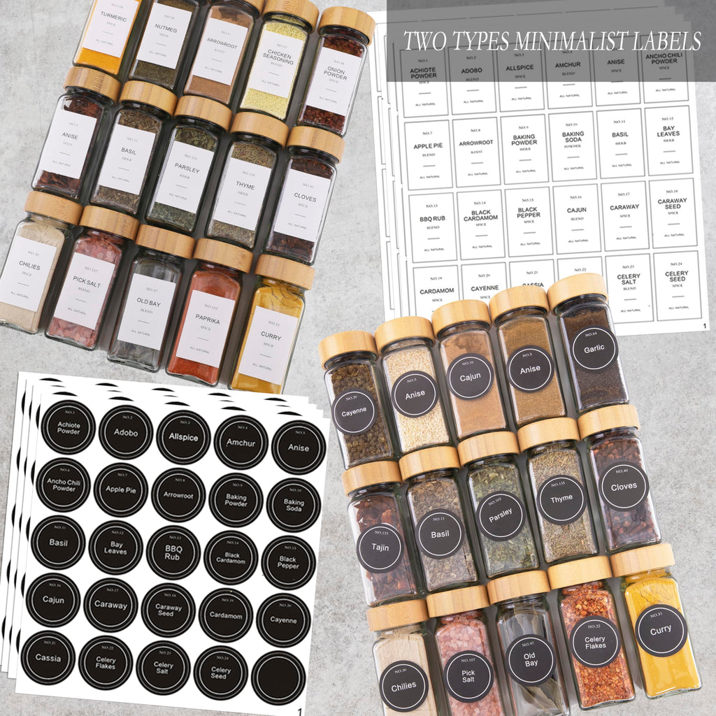AOOEVAL 24 Pcs Spice Jars with Bamboo Lids and Spice Grinder,4 oz Glass Spice Organizer with 336 Spice Labels, Spice Funnel,Chalk and Brushes,Containers Bottles Great for Spice & Herb