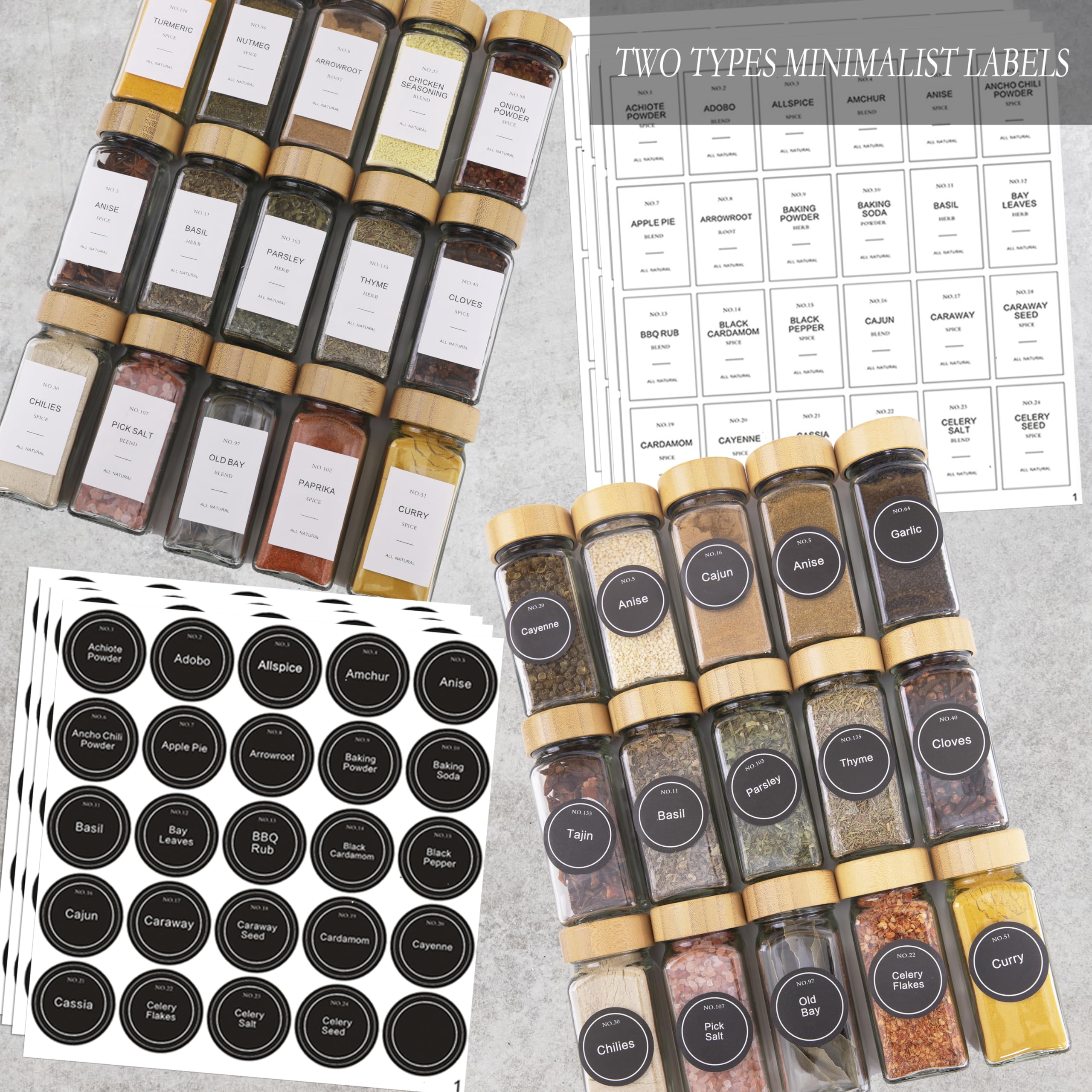 AOOEVAL 24 Pcs Spice Jars with Bamboo Lids and Spice Grinder,4 oz Glass Spice Organizer with 336 Spice Labels, Spice Funnel,Chalk and Brushes,Containers Bottles Great for Spice & Herb