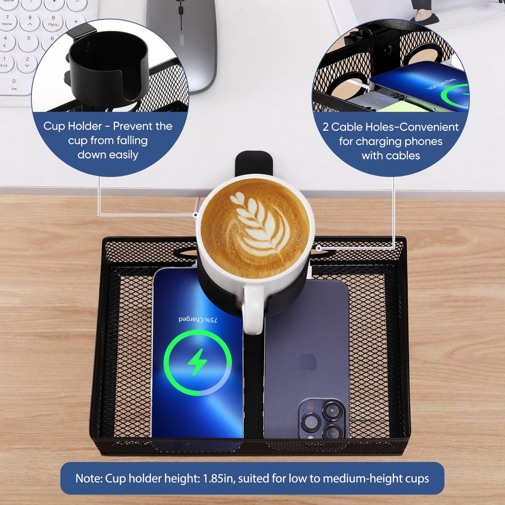 ROLIZOE 360 Rotating Under Desk Drawer Organizer Clamp On Desk Cup Holder No Drilling Swivel Pencil Drawer Under Shelf Storage Anti-slip Mesh Metal Under Table Storage Drawer Basket for Home Office