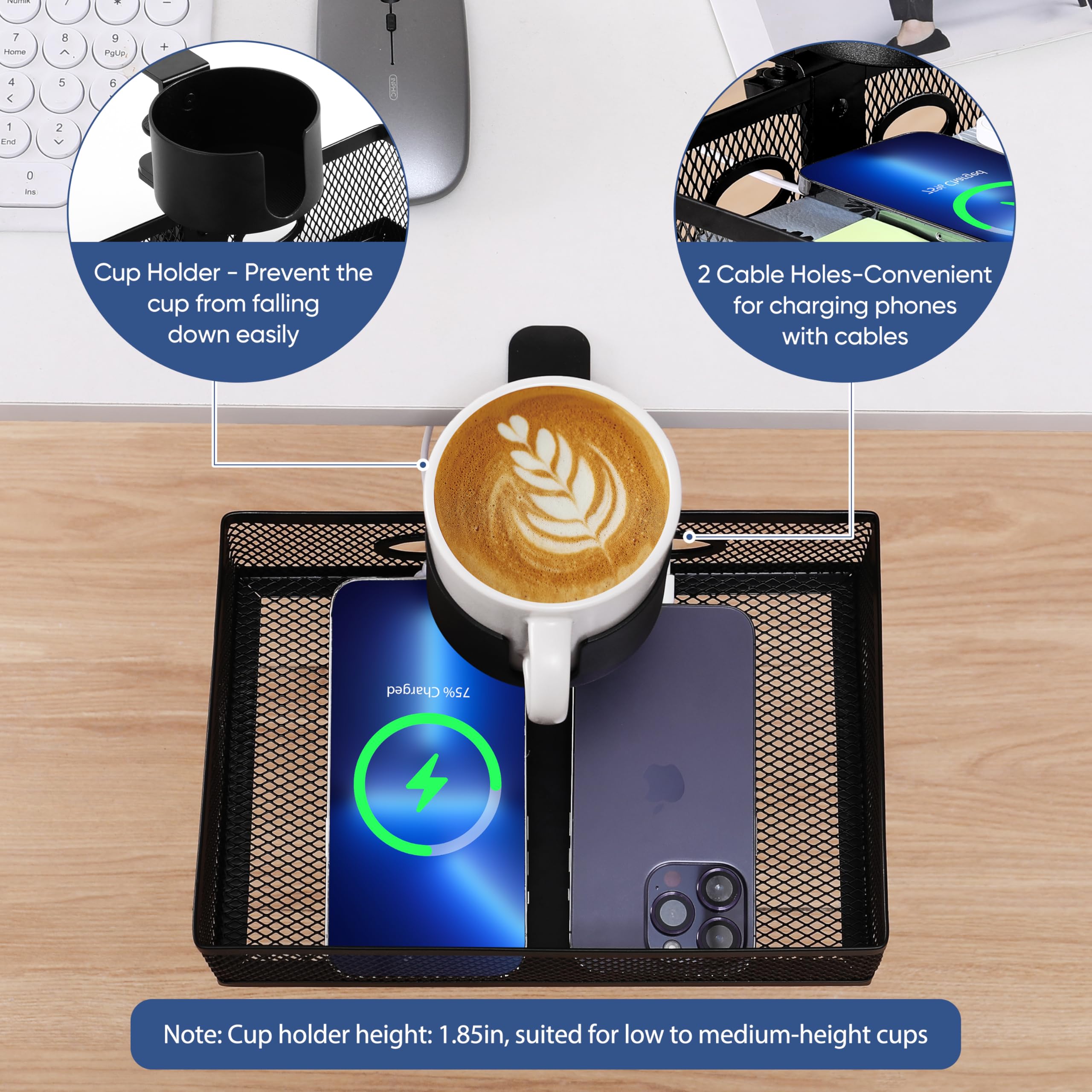 ROLIZOE 360 Rotating Under Desk Drawer Organizer Clamp On Desk Cup Holder No Drilling Swivel Pencil Drawer Under Shelf Storage Anti-slip Mesh Metal Under Table Storage Drawer Basket for Home Office