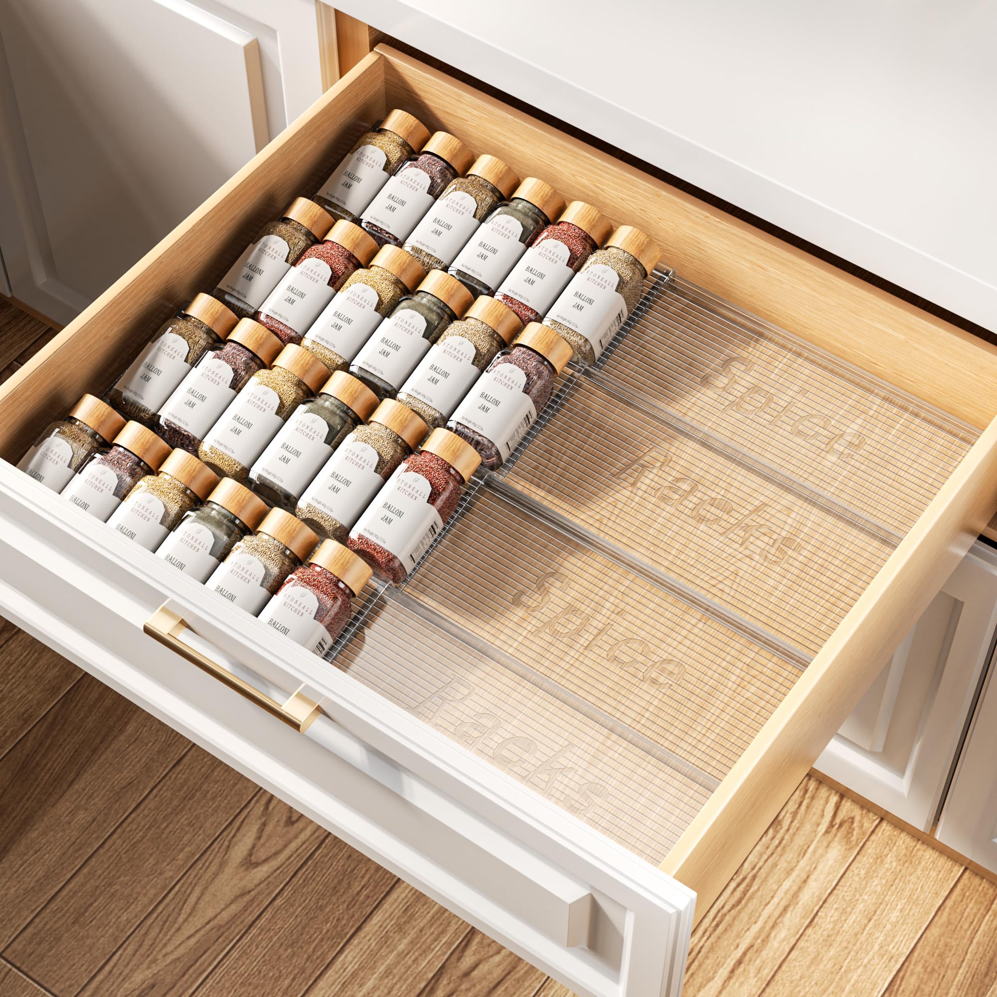PanPanPal Spice Drawer Organizer, 4 Tier- 4 Pack Clear Acrylic Drawer Seasoning Organizer, Expandable From 11'' to 22'' Kitchen Spice Rack Organizers and Storage for Drawer (Jars not included)