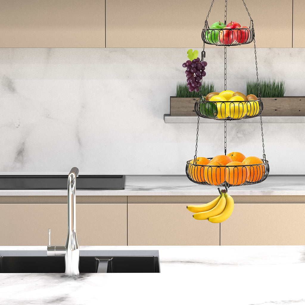 Simple Houseware 3-Tie Hanging Fruit Basket, Oblate, Black