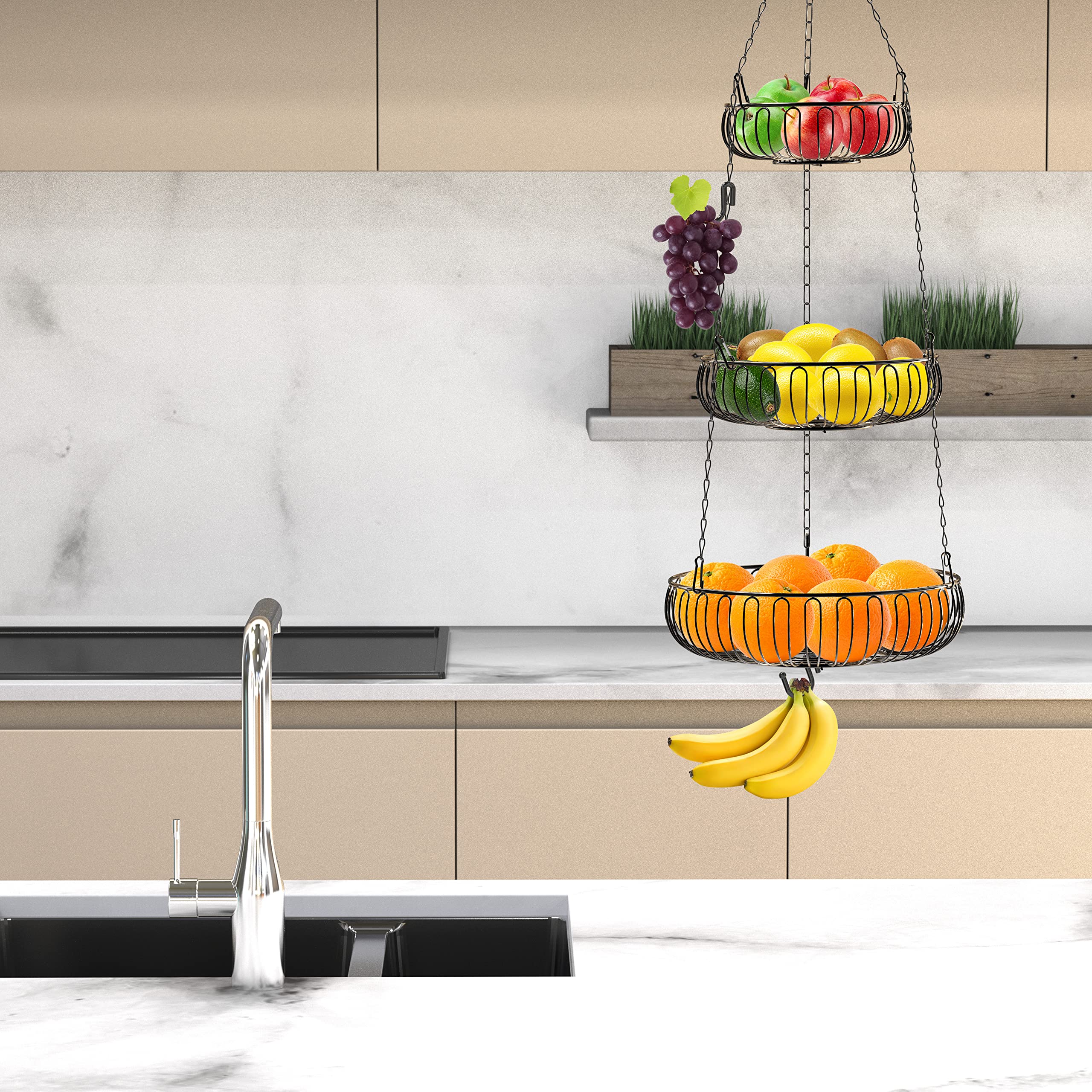 Simple Houseware 3-Tie Hanging Fruit Basket, Oblate, Black