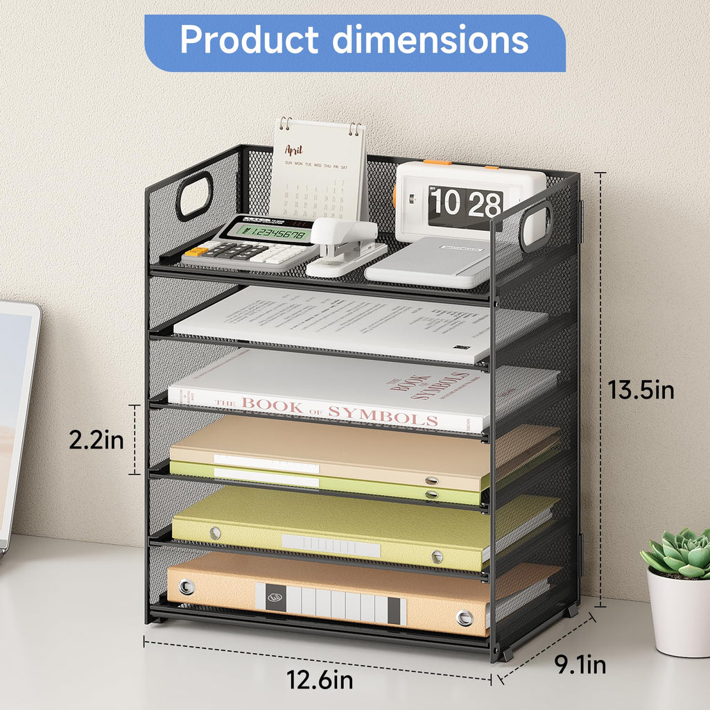 Marbrasse 6 Tier Desk Organizer, File Organizer with Handle, Mesh A4 Paper Organizer, Letter Tray for Office, Home or School (Black)