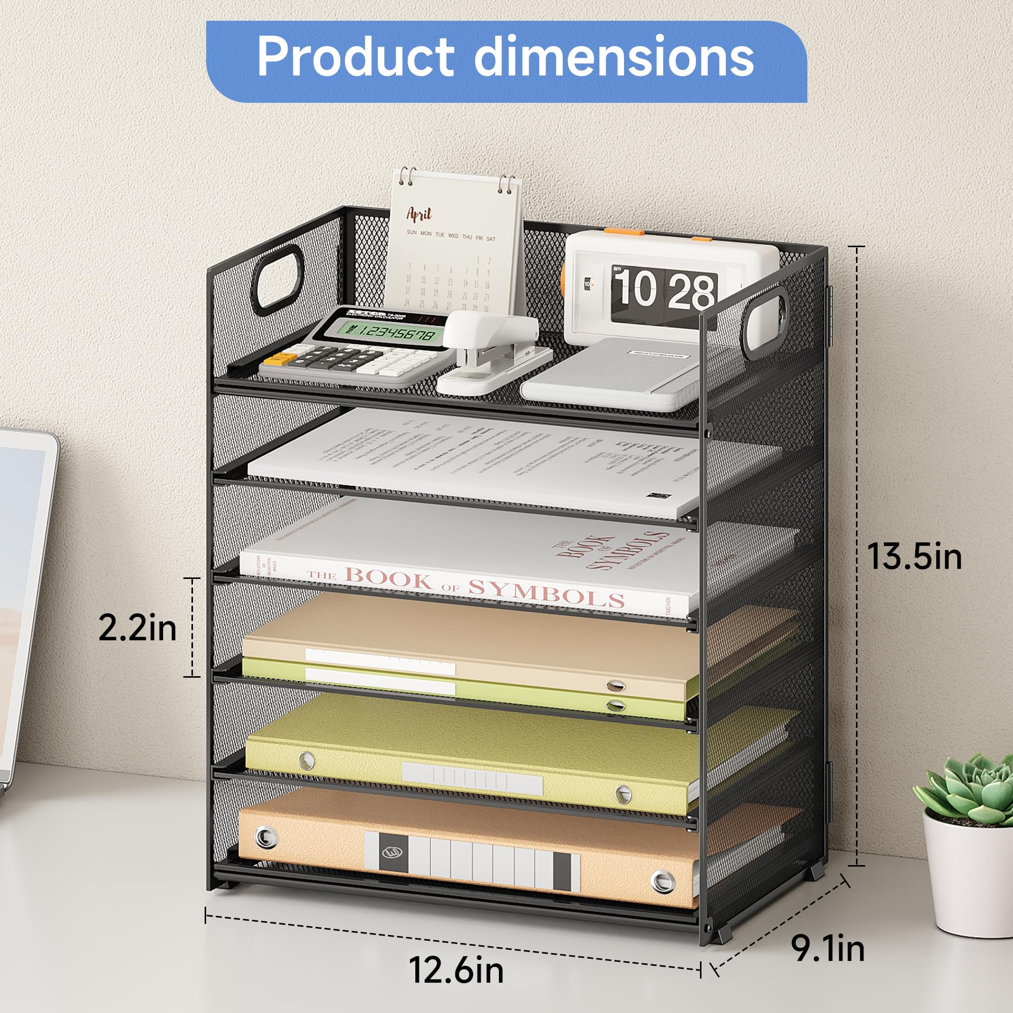 Marbrasse 6 Tier Desk Organizer, File Organizer with Handle, Mesh A4 Paper Organizer, Letter Tray for Office, Home or School (Black)