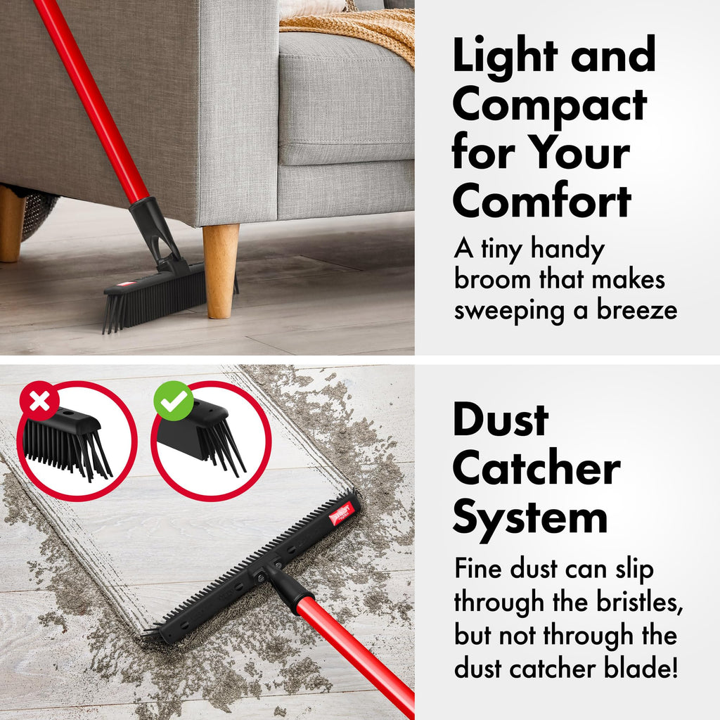 Tyroler Japanese Silicone Broom | 30cm Head | 140cm Aluminium Anti-Rust 4-Part Handle | Perfect Pet Hair Removal Broom for Patio, Hardwood Floors, Carpet Rake, Decks (Black - Rubber)