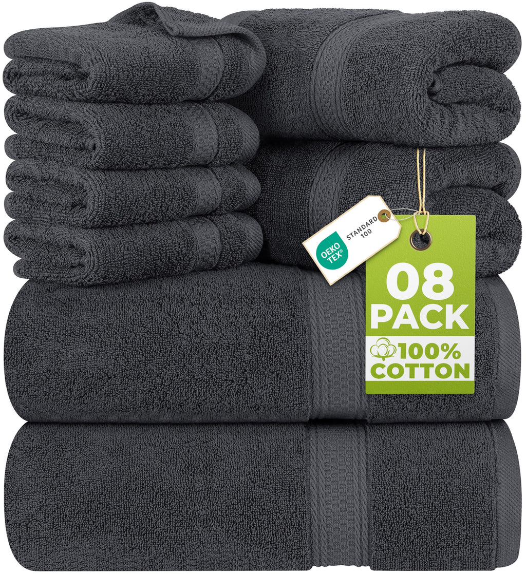 Utopia Towels 8 Piece Premium Towel Set, 2 Bath, 2 Hand, and 4 Wash Cloths, 600 GSM 100% Ring Spun Cotton Highly Absorbent Towels for Bathroom, Gym, Hotel, and Spa, Grey