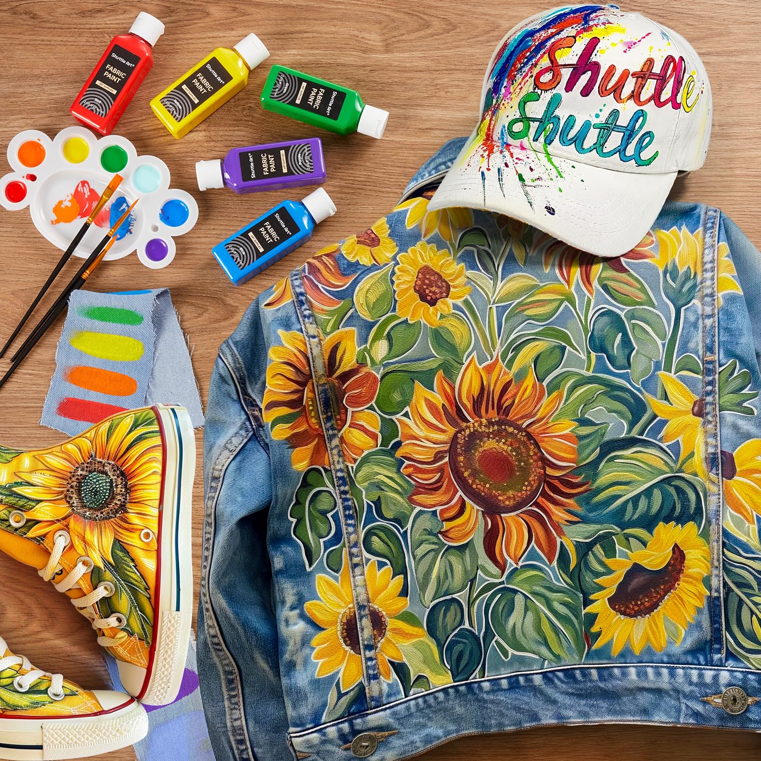 Shuttle Art Fabric Paint, 18 Colors Permanent Soft Fabric Paint in Bottles (60ml/2oz) with Brushes, Palette, Stencils, Textile Paint for T-Shirts, Shoes, Jeans, Bags, DIY Projects & Art Crafts