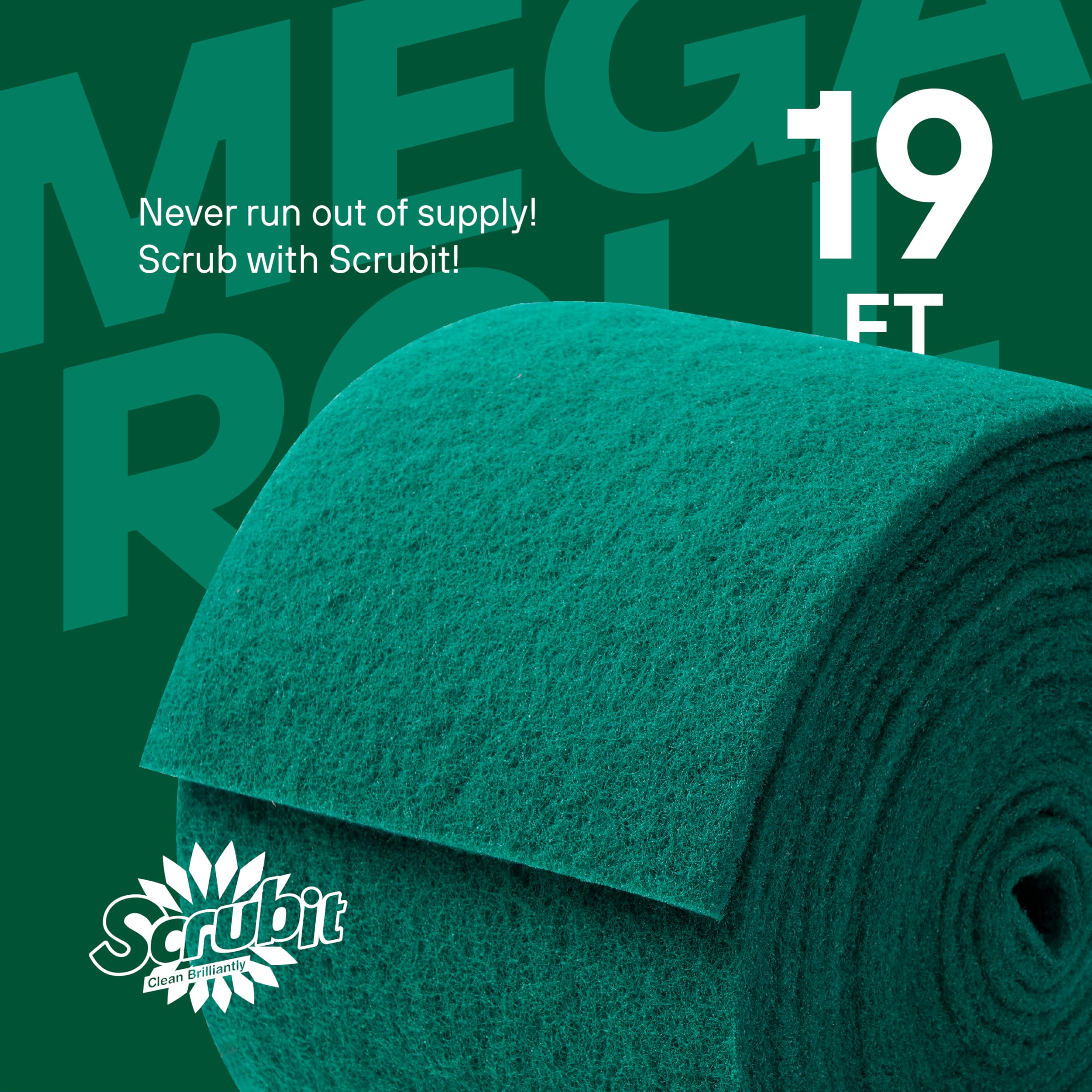 SCRUBIT Scouring Pad Roll - 19 FT Green scrubbing Pads Roll - Non Scratch Dish Washing Scrubbers - Abrasive and Heavy Duty Pot Scrubber Roll for Kitchen, Pots, Pans, Oven, and Grill 19 FT X 6" x0.3"