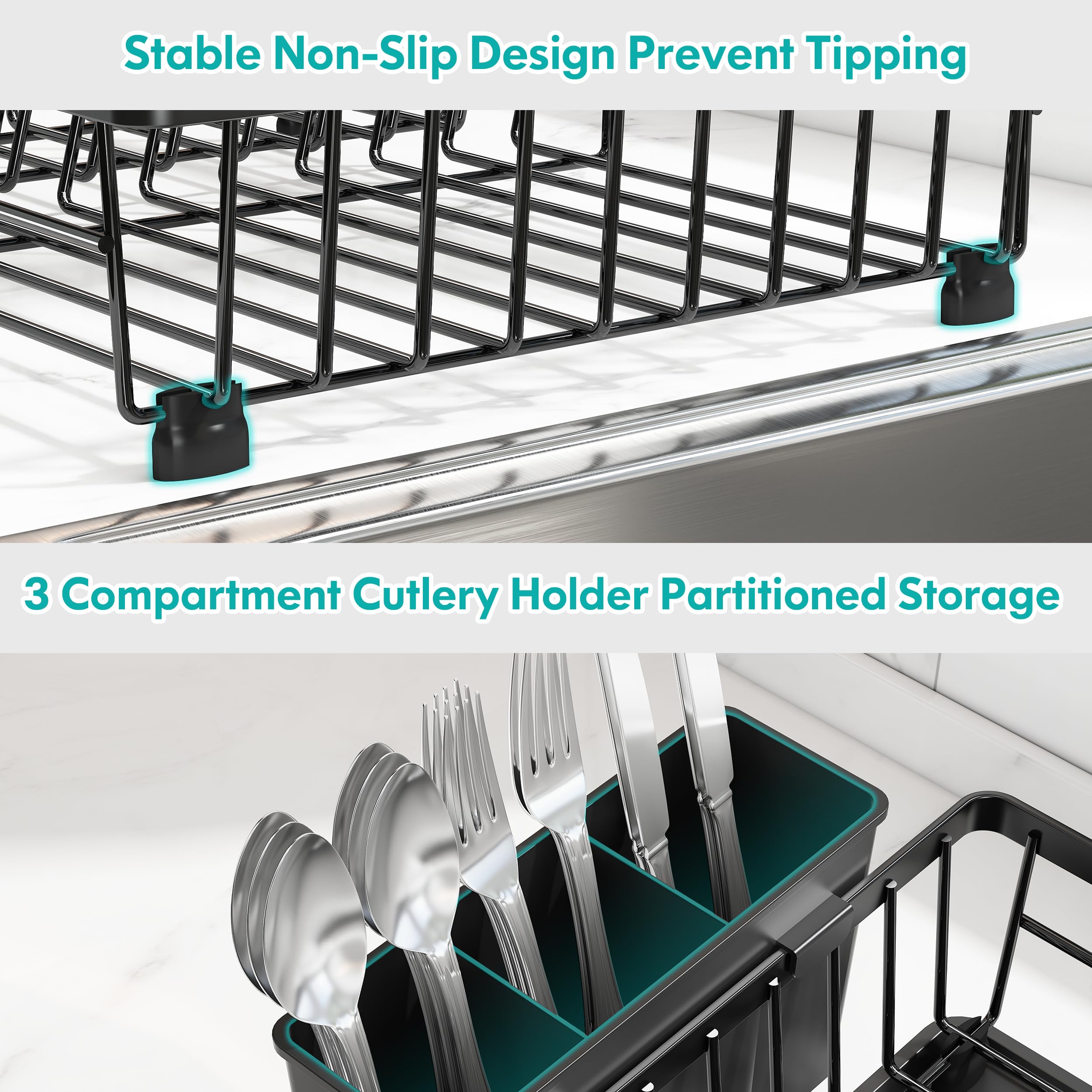 MAJALiS Stainless Steel Dish Drying Rack with Drain Board for Kitchen Counter, Rust Proof Small Dish Drainer with Drainage, Black Iron Dish Storage Organizer, Cutlery Holder and Extra Dryer Tray