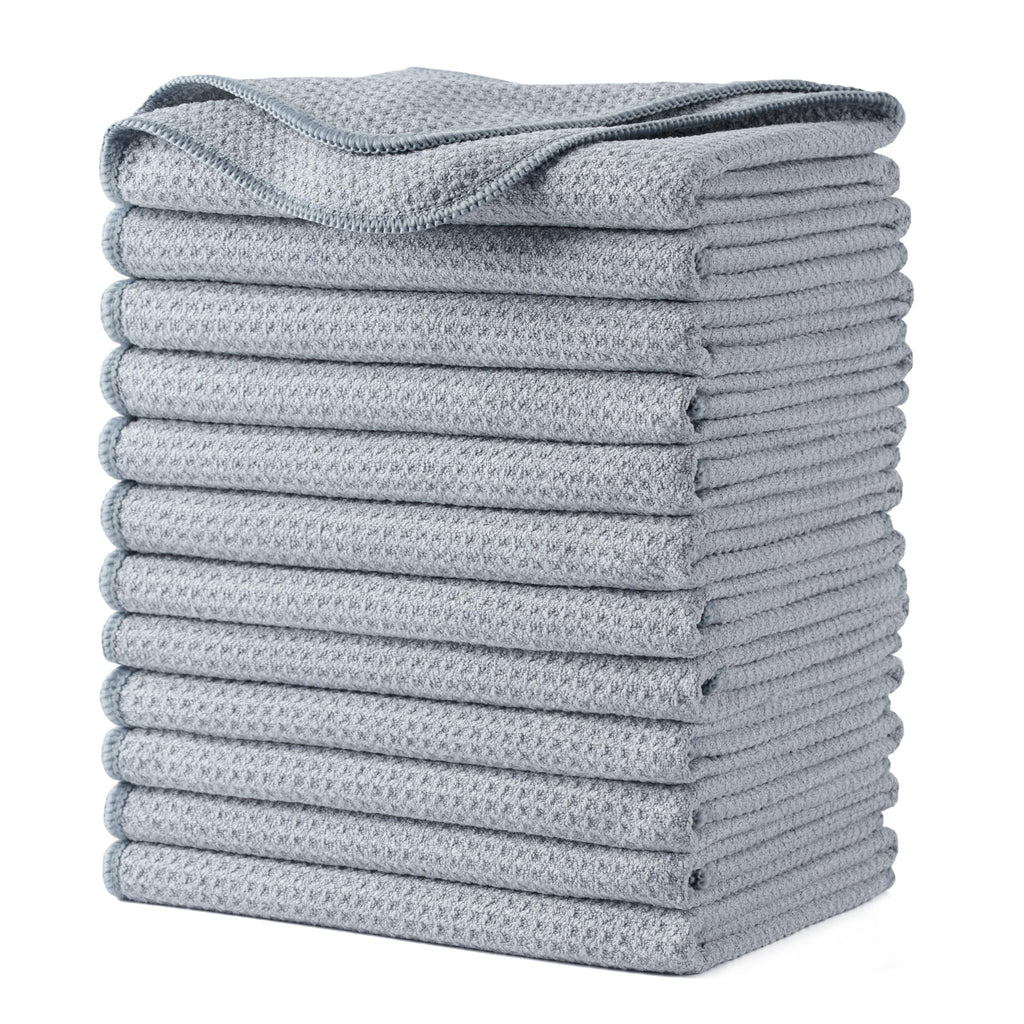 Polyte Premium Microfiber Kitchen Dish Hand Towel Waffle Weave 12 Pack (16x28 in, Gray)
