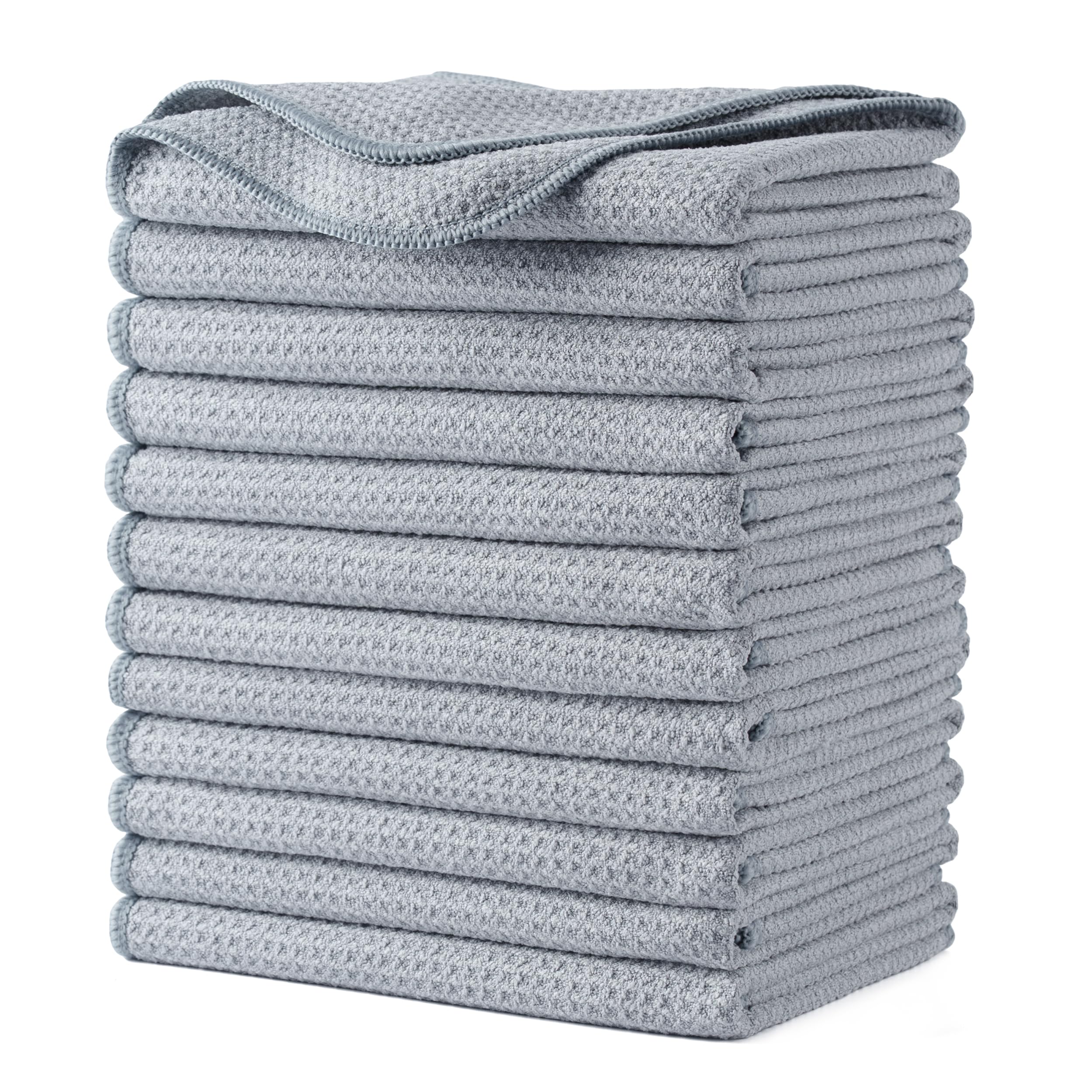 Polyte Premium Microfiber Kitchen Dish Hand Towel Waffle Weave 12 Pack (16x28 in, Gray)