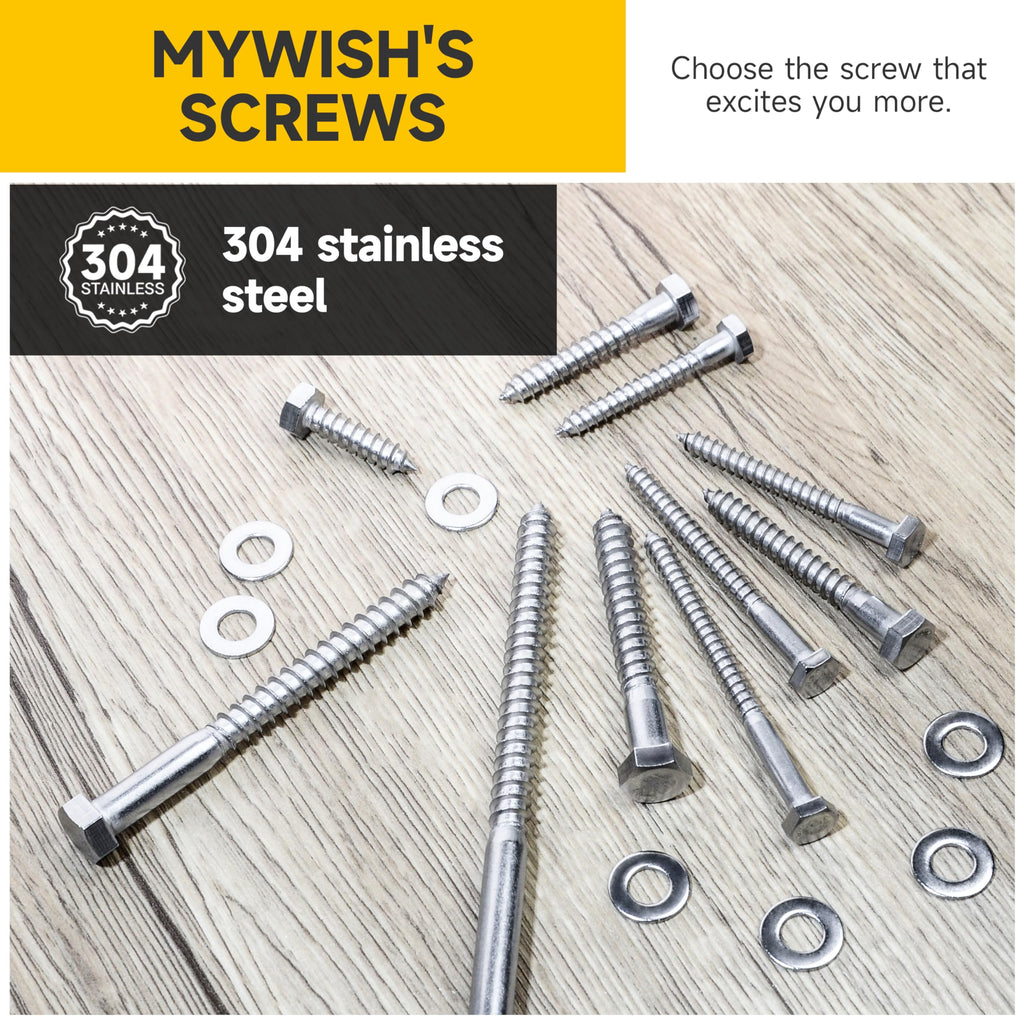 (8Sets) 3/8" x 6" Hex Head Lag Bolts, Heavy Duty Lag Screws with Washers, 304 Stainless Steel Bolts 18-8, Lag Screws Wood Screws, Partial Thread Bright Finish, 3/8 Bolt by Mywish