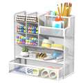 Mesh Pen Holder Desk Organizer, Multi-Function Pen Organizer with Drawer, Cute Desk Organizers and Accessories for Office Supplies White