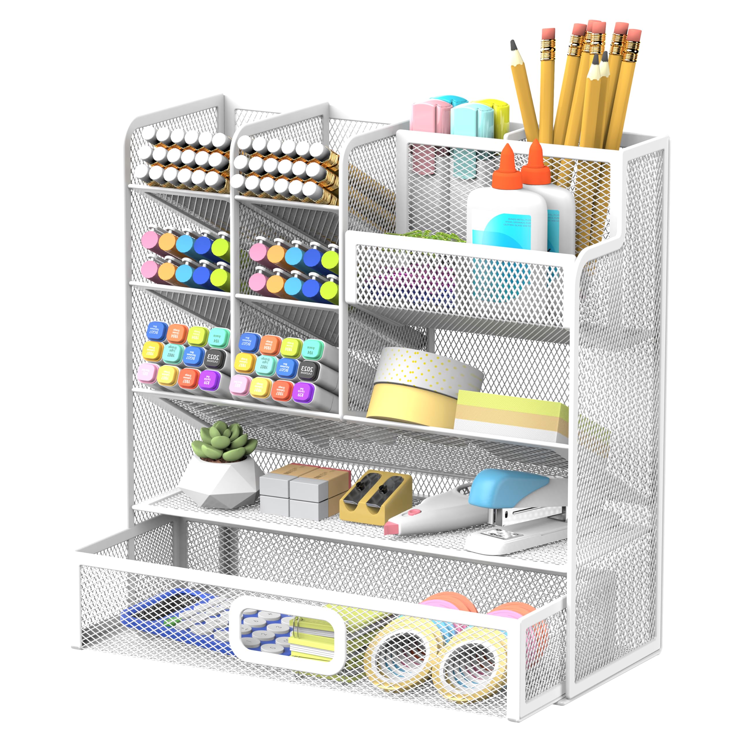Mesh Pen Holder Desk Organizer, Multi-Function Pen Organizer with Drawer, Cute Desk Organizers and Accessories for Office Supplies White