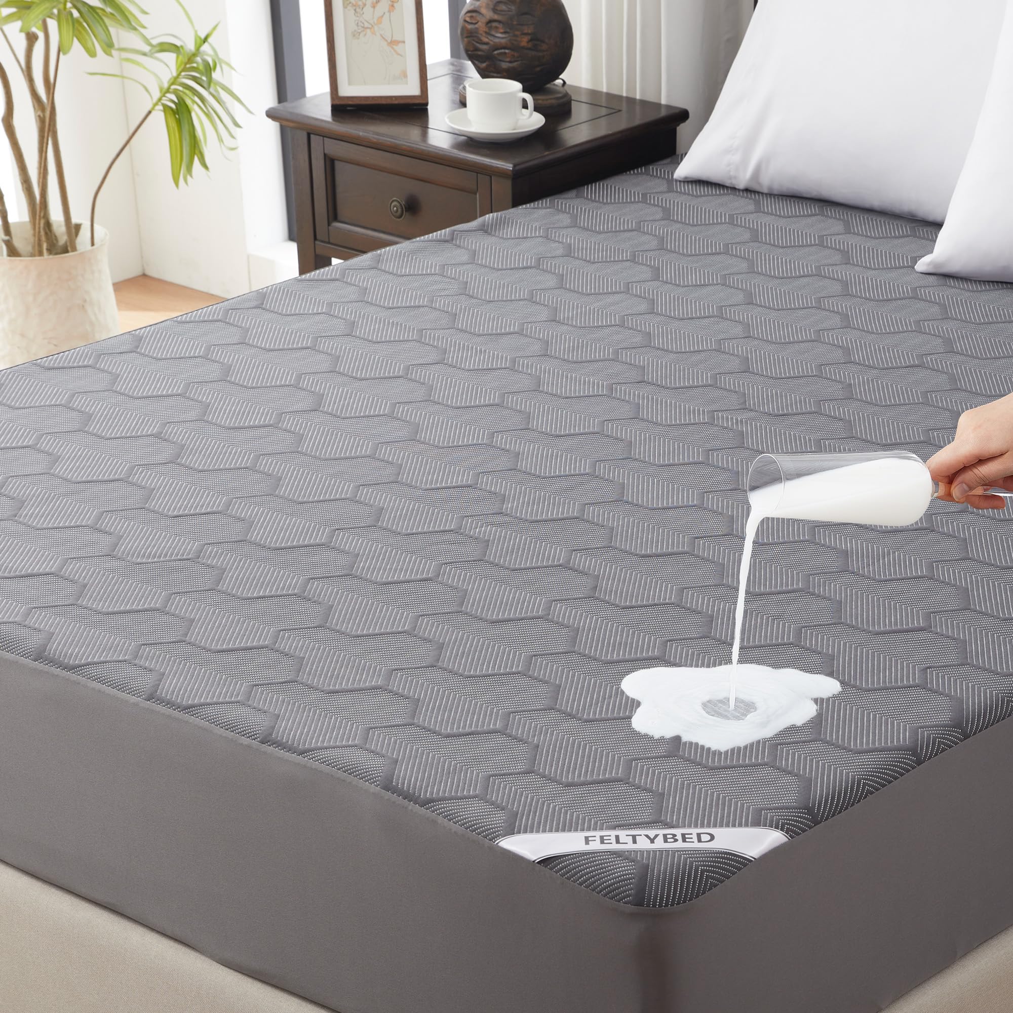 Queen Size 100% Waterproof Mattress Protector, Mattress Pad Cover 3D Air Fabric, Noiseless & Breathable Mattress Pad Fitted Style with Stretchable Pockets,Ultra Soft & Machine Washable (Carbon Gray)