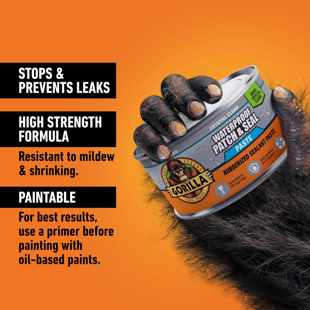 Gorilla Waterproof Patch & Seal Rubberized Sealant Paste, 12.8 Ounce Can, Clear (Pack of 1) - Stops Leaks, Flexible Gap & Crack Filler, Shrink & Mildew Resistant, Paintable