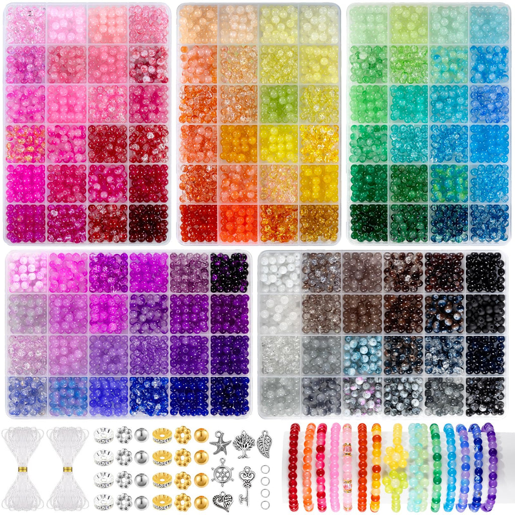 Zefy 120 Colors Glass Beads Bracelet Making Kit, 6mm 3876pcs Crystal Beads for Jewelry Making and DIY Crafts, 5 Box Round Bead for Friendship Bracelets with Spacer Beads and Charms