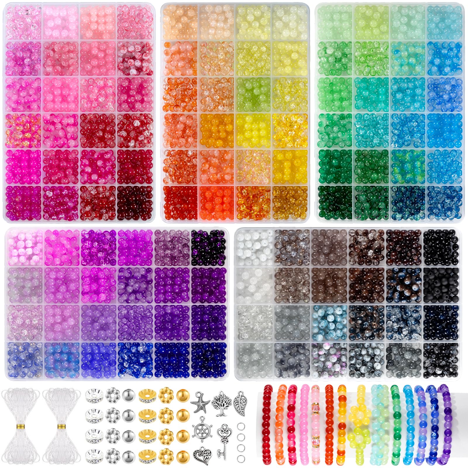 Zefy 120 Colors Glass Beads Bracelet Making Kit, 6mm 3876pcs Crystal Beads for Jewelry Making and DIY Crafts, 5 Box Round Bead for Friendship Bracelets with Spacer Beads and Charms