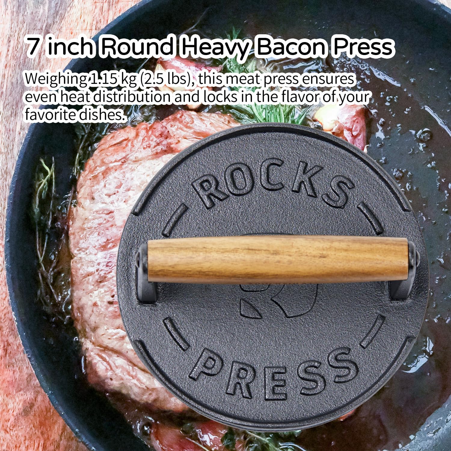 7 Inch Bacon Press, Heavy Duty Cast Iron Grill Press, 2.5 lbs Round Smash Burger Press with Wood Handle & Raised Edge, Food-Grade Griddle Press for Hamburger Bacon Seared Steak Sandwiches and Panini
